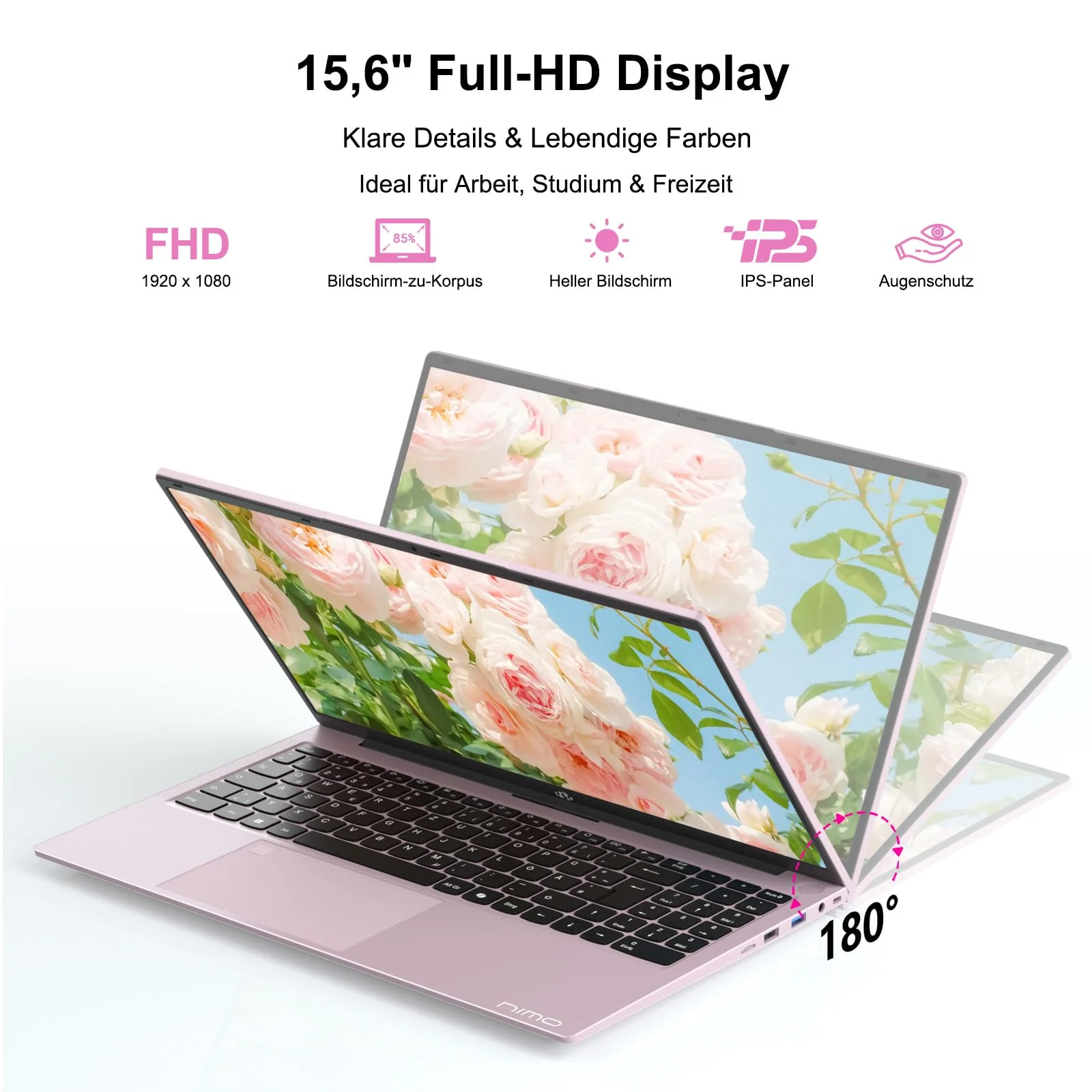NIMO Roségold Laptop 15,6 Zoll Full HD: 16GB RAM, 1TB SSD, Intel N100, WLAN-Konnektivität, USB-C 65W, Fingerabdruck, Beleuchtete Tastatur, Leichter Computer für Arbeit & Studium - Image 7