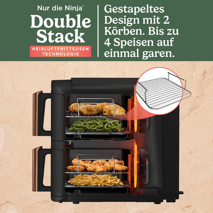 Ninja Double Stack XL Heißluftfritteuse, 2 vertikale Schubladen, 4 Kochstufen, 2 Einschübe, platzsparendes Design, 9,5 L Fassungsvermögen, 6 Funktionen, 8 Portionen, Zange, Schwarz/Kupfer SL400EUCP - Image 6