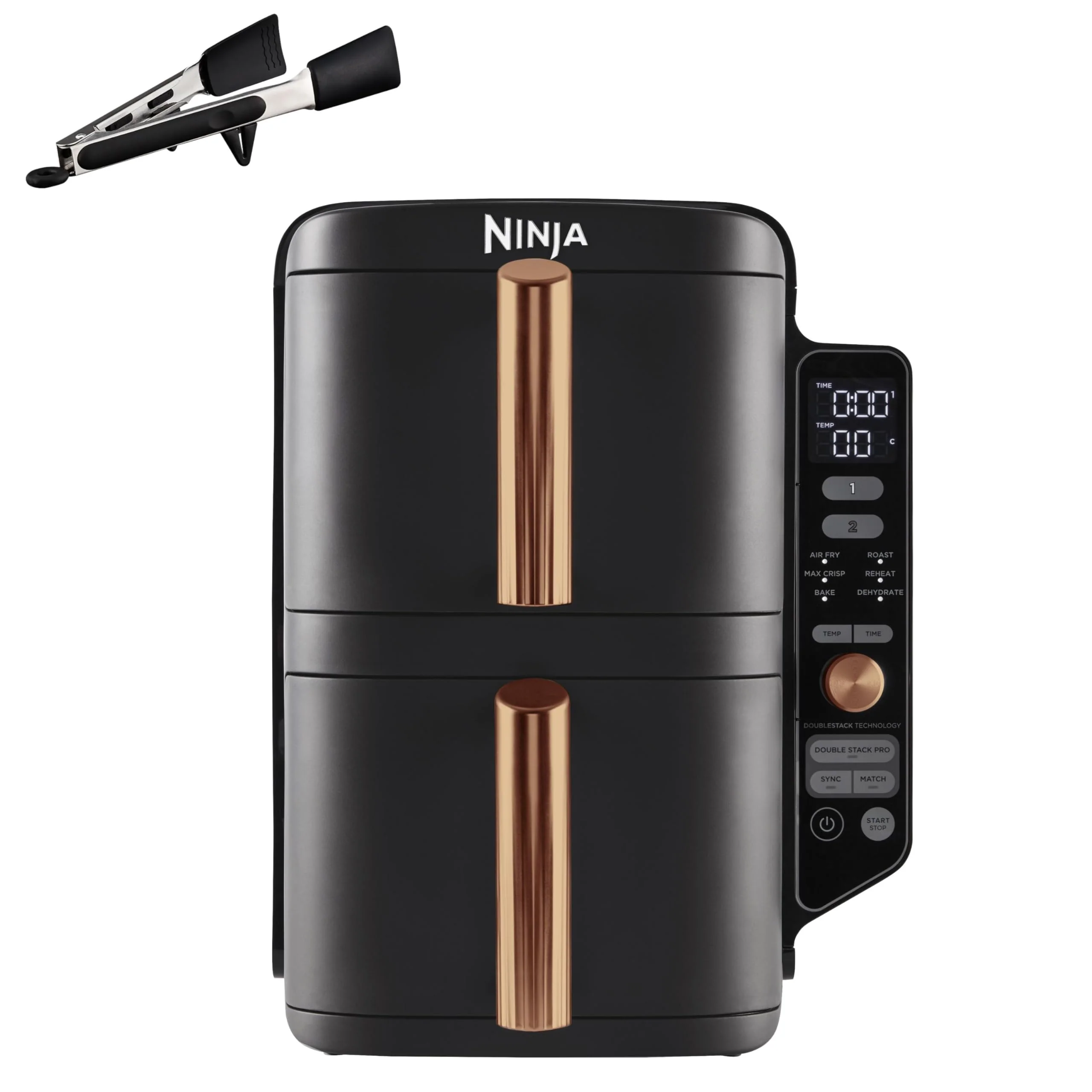 Ninja Double Stack XL Heißluftfritteuse, 2 vertikale Schubladen, 4 Kochstufen, 2 Einschübe, platzsparendes Design, 9,5 L Fassungsvermögen, 6 Funktionen, 8 Portionen, Zange, Schwarz/Kupfer SL400EUCP - Image 7