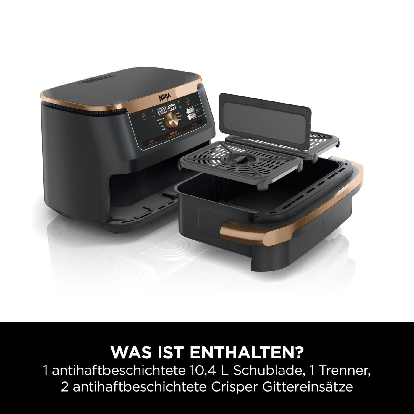 Ninja Foodi FlexDrawer Dual Zone Heißluftfritteuse, Digitale Air fryer mit 10,4-Fach und herausnehmbarem Trenner, Antihaftbeschichtung, spülmaschinenfester Korb, 7-in-1, Schwarz & Kupfer, AF500EUCP - Image 12