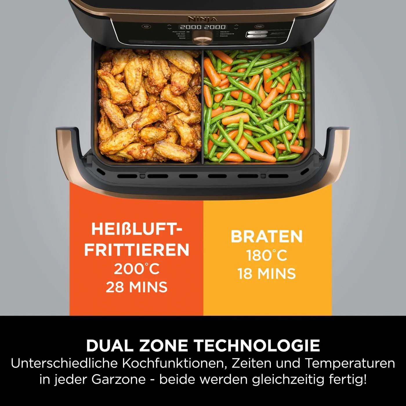 Ninja Foodi FlexDrawer Dual Zone Heißluftfritteuse, Digitale Air fryer mit 10,4-Fach und herausnehmbarem Trenner, Antihaftbeschichtung, spülmaschinenfester Korb, 7-in-1, Schwarz & Kupfer, AF500EUCP - Image 9