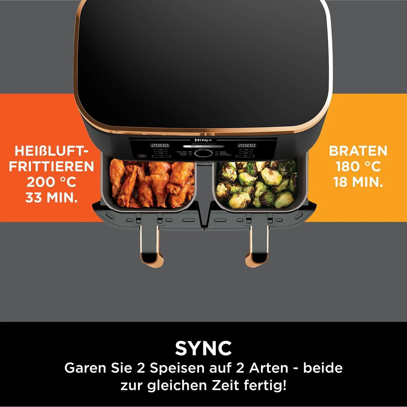 Ninja Foodi MAX Dual Zone Heißluftfritteuse, 9,5L Airfryer, 2 Fächer, mit Zange, Antihaftbeschichtung, spülmaschinenfeste Körbe, 6-in-1, Amazon Exklusiv, Kupfer/Schwarz, AF400EUCP - Image 13