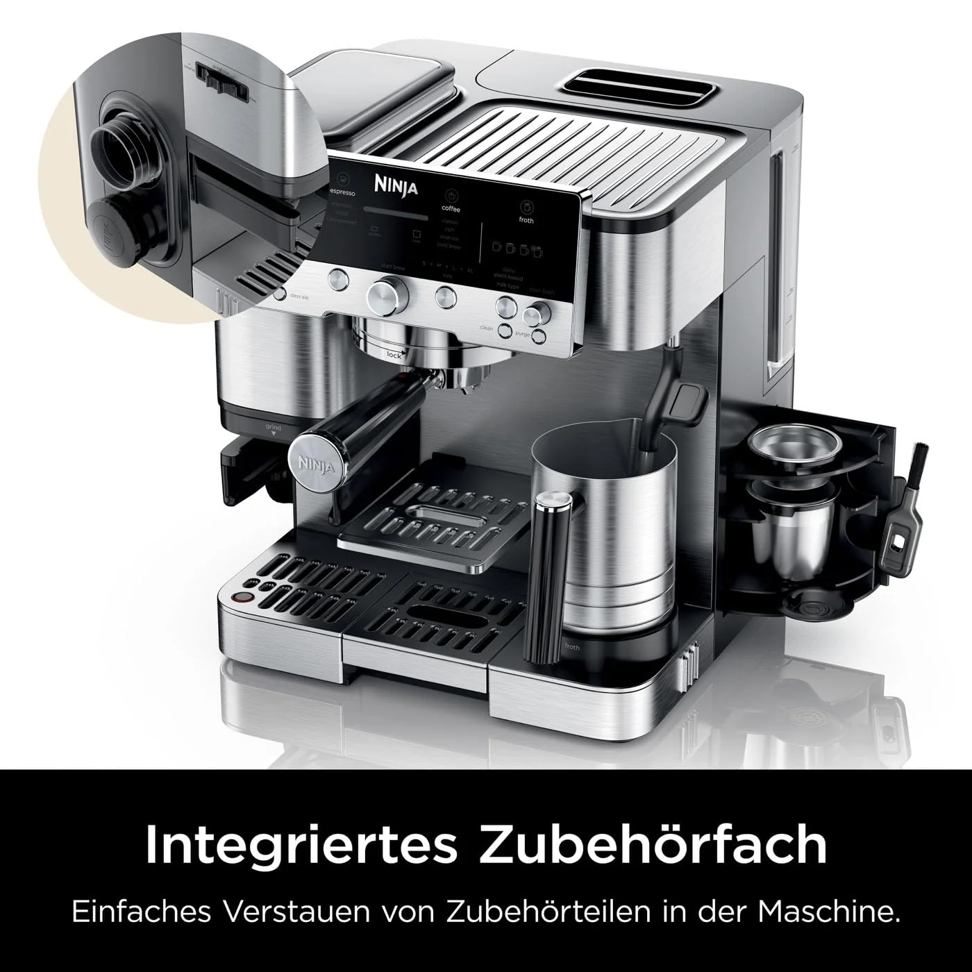 Ninja Luxe Premier 3-in-1-Kaffeemaschine mit Mahlwerk und Aufschäumer für Latte, Cappuccino, Cold Brew & Espresso, einfache Handhabung, 4 Voreinstellungen zum Aufschäumen, Silber, ES601EU - Image 8
