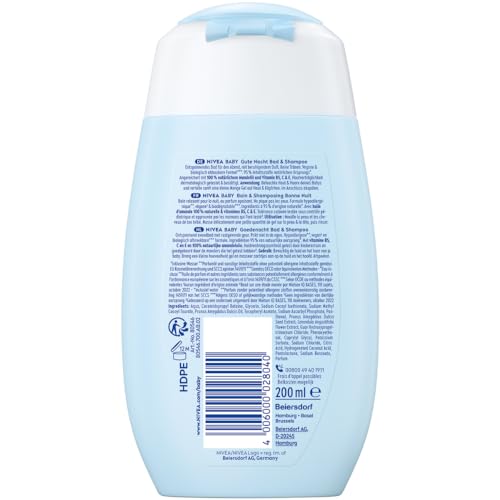NIVEA BABY Gute Nacht Bad & Shampoo, mildes Babyshampoo & Duschgel mit Mandelöl, Vitamin E, B5 und C, beruhigendes Baby Shampoo mit hypoallergener Formel und hautfreundlichem pH-Wert (200 ml) - Image 2
