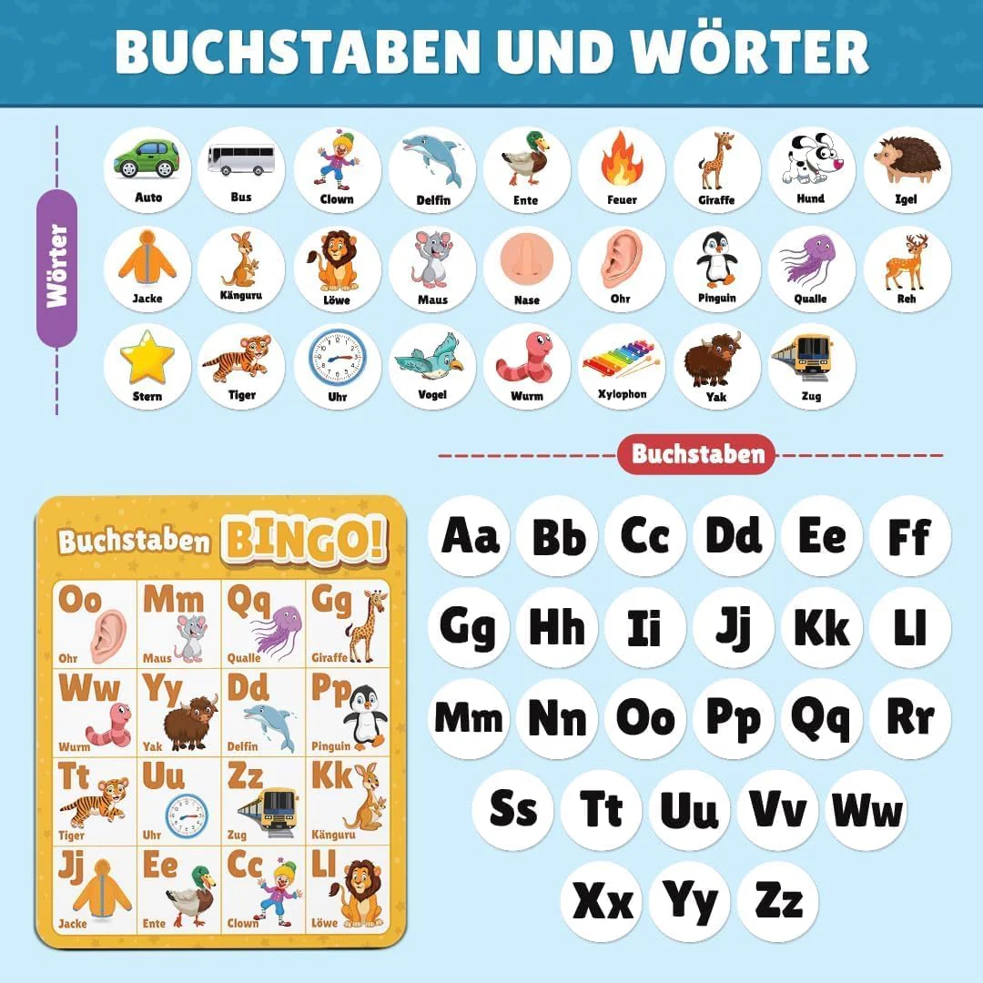 NIYYAH ABC Bingo Lernspiel ab 4 5 6 Jahre Buchstaben Lernen Vorschule Spiel Schulanfänger 1 Klasse Gesellschaftsspiel Kinder Einschulung Geschenk Lernspielzeug - Image 8