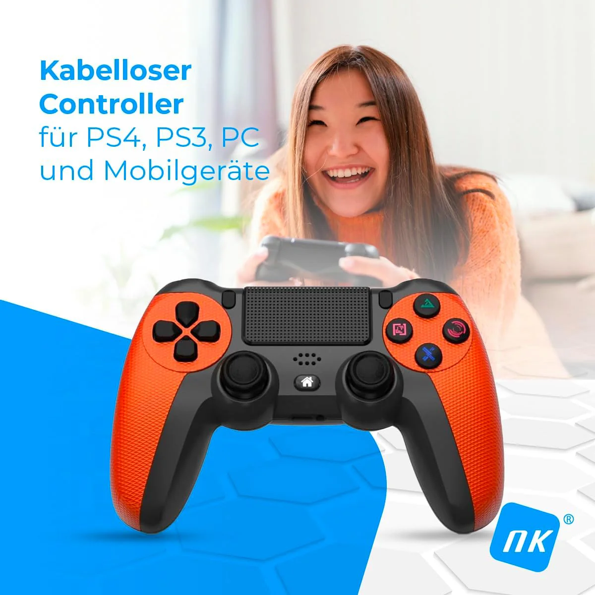 NK Wireless Controller für PS4 / PS3 / PC/Mobile - Wireless Controller mit Dualshock, 6-Achsen-Erkennungsfunktion, LED-Licht, Touchpanel, Kopfhörerbuchse, inkl. Ladekabel - Orange - Image 7
