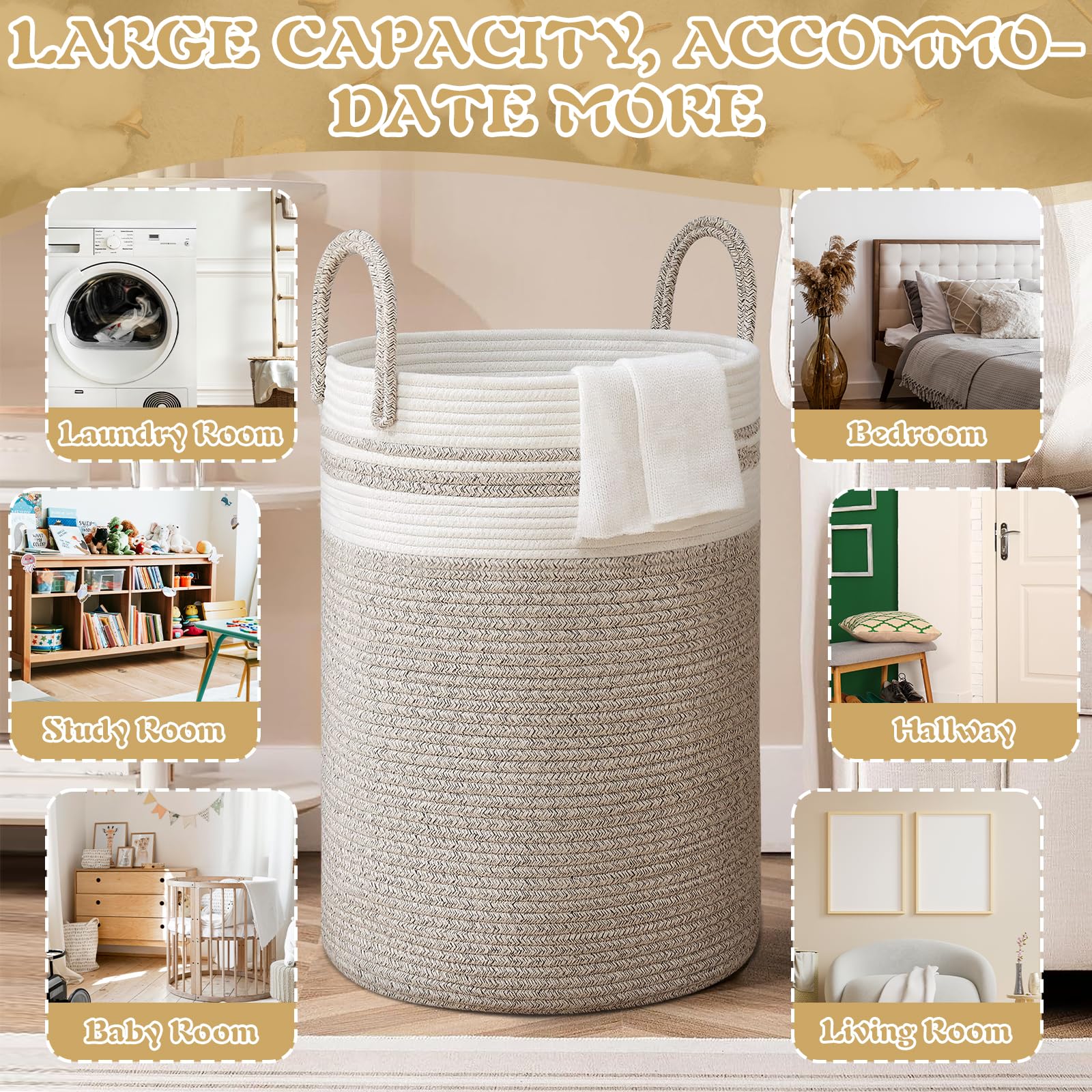 NLMWTI 53L Wäschekorb aus gewebtem aus Baumwolle mit Griffen, Aufbewahrungskorb, Wäschekorb Kinderzimmer Groß, Wäschekorb Geflochten für Treppenkorb - Image 6