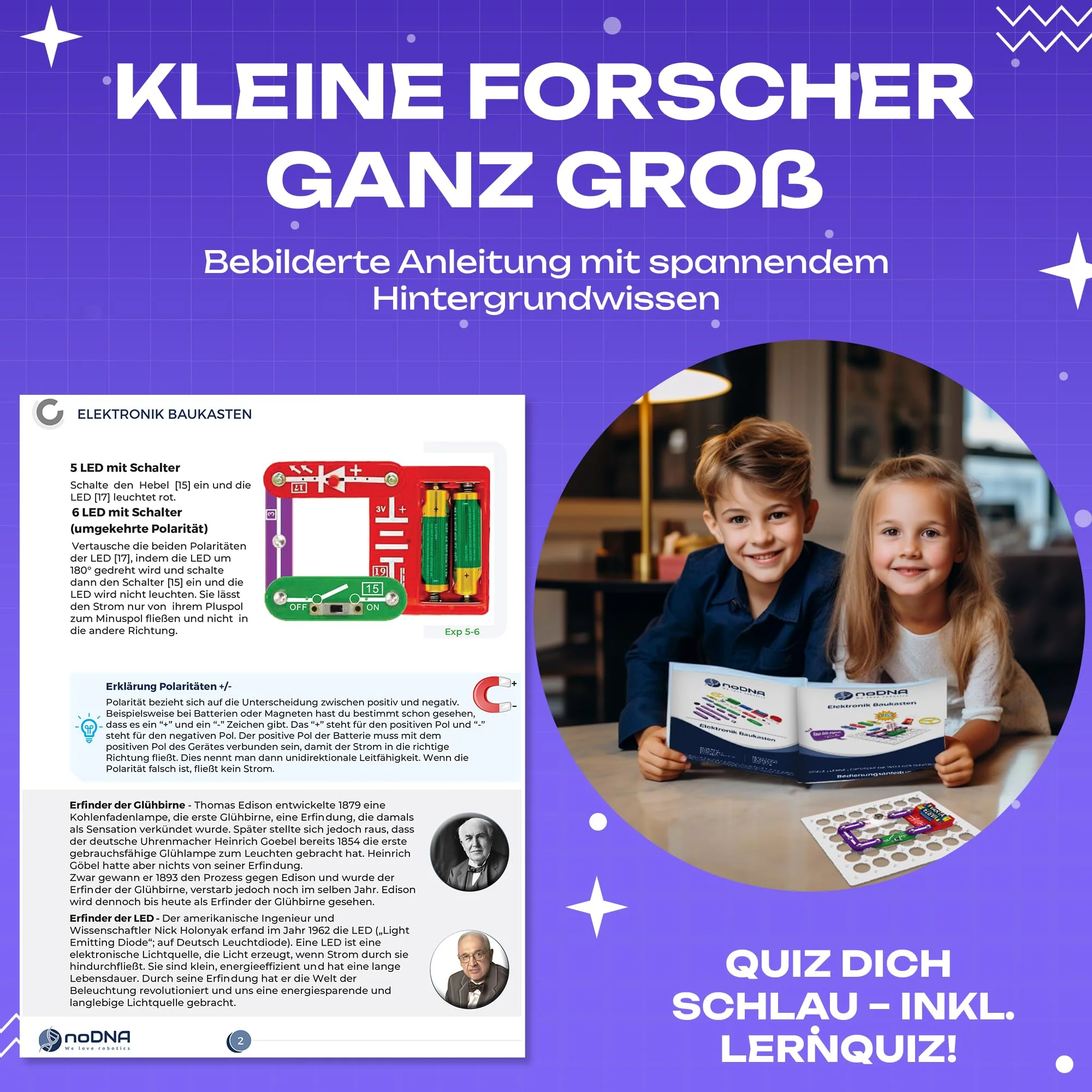 noDNA Elektronik Baukasten Kinder - 300 spannende Experimente für Kinder ab 8 Jahren, Elektro Experimentierkasten ab 8 Jahre inkl. Lernquiz & bebildeter Anleitung – Elektrobaukasten - Image 4