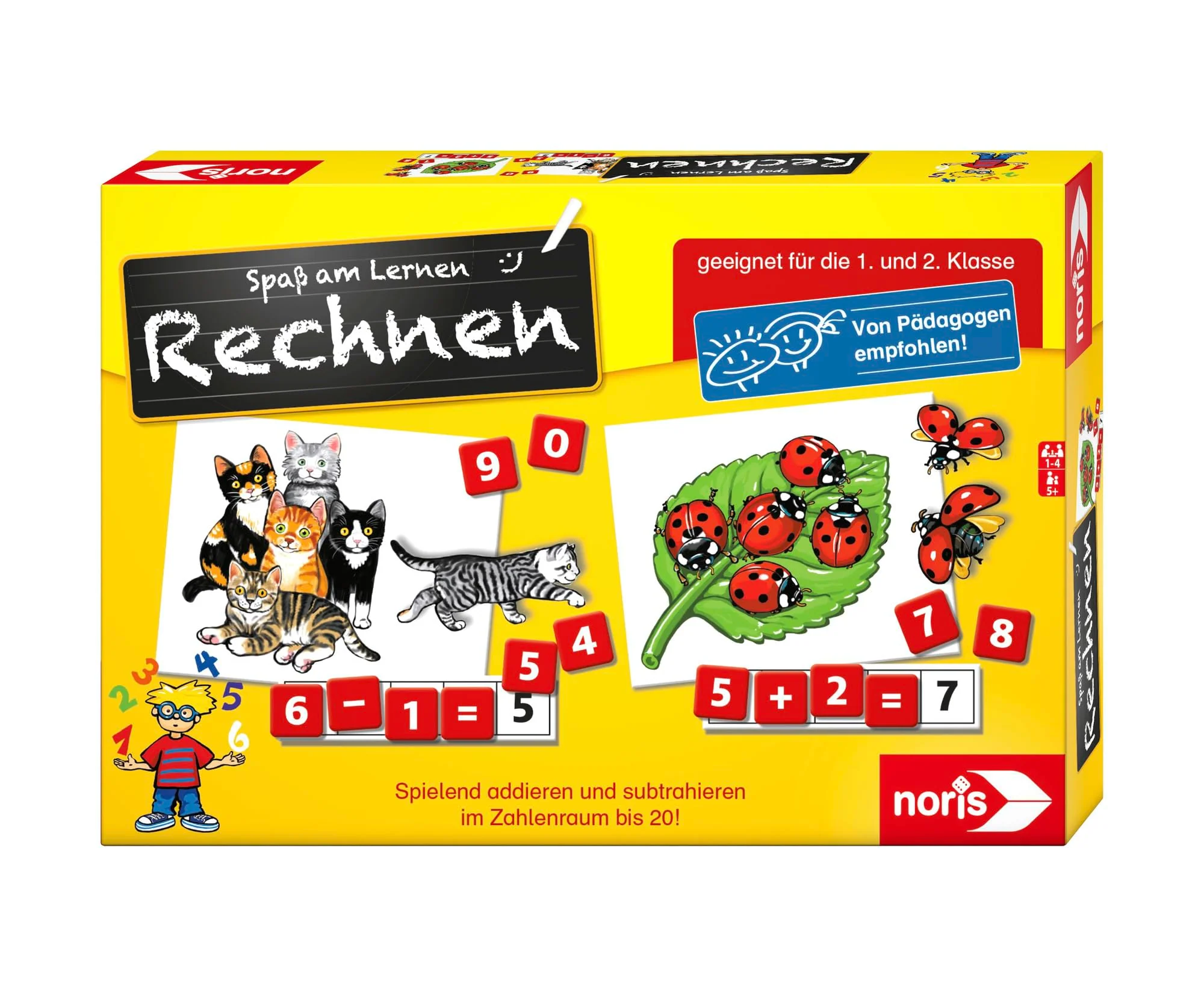 Noris 606076341- Spaß am Rechnen - Kinder Lernspiel zum Rechnen lernen, Zahlen-, Bildlesekarten und Buchstabensteine für Kindergarten, 1. und 2. Schulstufe, 1-4 Spieler, ab 5 Jahren