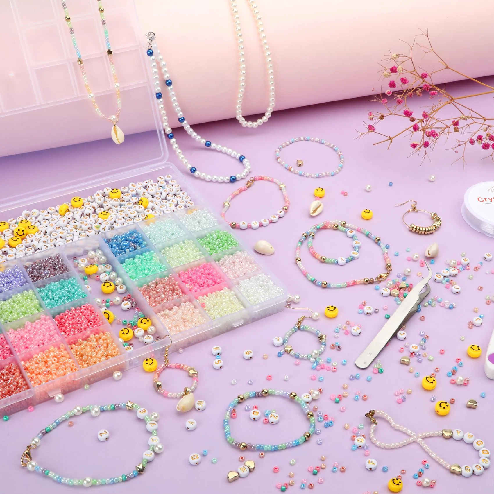 NORSHY Perlen zum Auffädeln, 12200 Stück Rocailles Armbänder Perlen Set 3mm Ketten Selber Machen Glasperle Set, Bunte DIY Armband Halsketten Schmuck Beads, Buchstaben Mini Perlen zum Machen Kit - Image 4