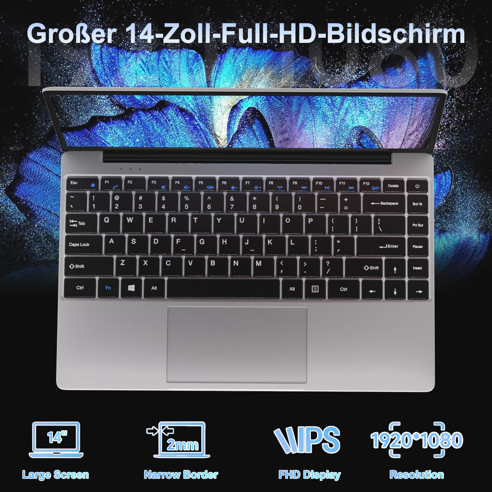 NOTODD 2025 Laptop 14 Zoll Win 11 Pro 6GB RAM 256GB SSD Unterstützung 1TB (TF 1TB) Notebook Celeron N4020 (bis2.8GHz) 5000mAh 1920x1080p WiFi Deutscher Tastaturschutz und kabellose Maus-Silver - Image 6