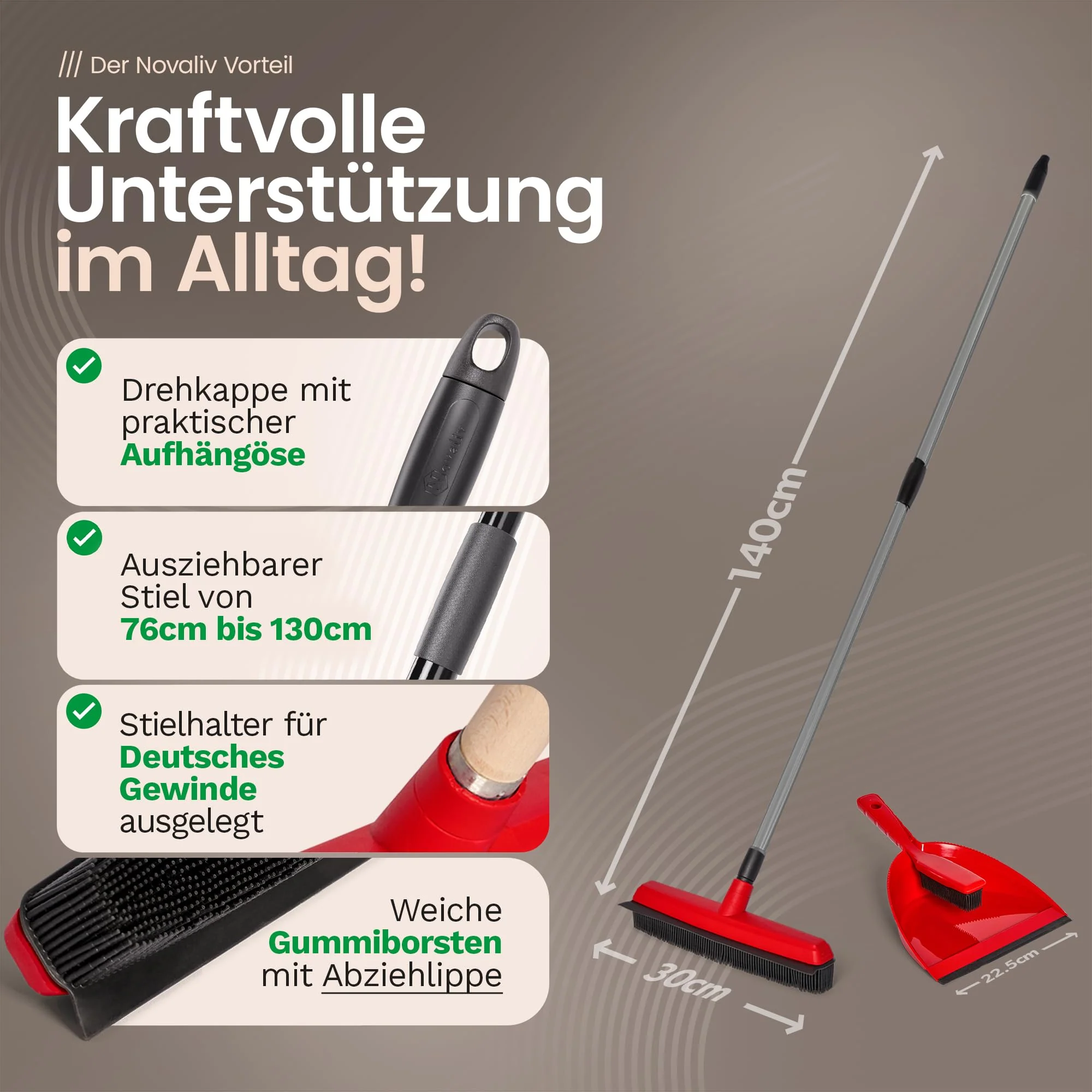 Novaliv Gummibesen mit Teleskopstiel & Kehrgarnitur Friseurbesen Set Gummi Noppenbesen Hundehaarentferner Broom Parkett Besen für Drinnen Teppichbesen Bodenabzieher Haushaltsbesen Wunderbesen - Image 4