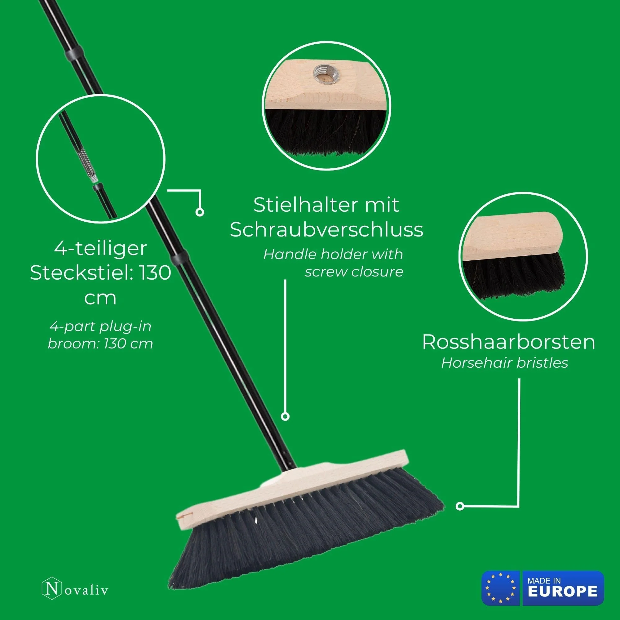 Novaliv Zimmerbesen mit Stiel stabil ECHTES ROSSHAAR Besen weiche Borsten Schrankbesen 4 TLG Steckstiel Gemischter Rosshaarbesen Besen für Laminat und Parkett Rosshaarbesen Naturborsten Stubenbesen - Image 3