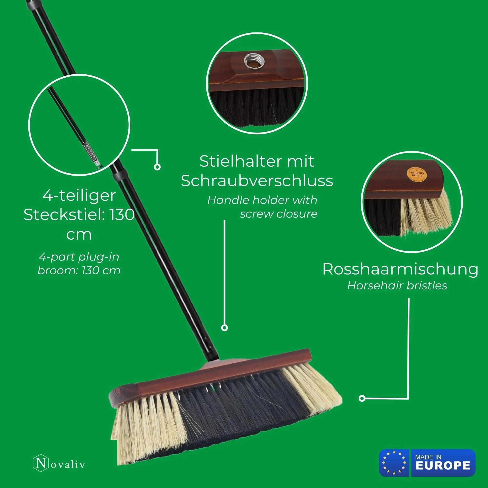 Novaliv Zimmerbesen mit Stiel stabil ROSSHAAR Mischung Besen weiche Borsten Schrankbesen 4 TLG Steckstiel Gemischter Rosshaarbesen Besen für Laminat und Parkett Rosshaarbesen Naturborsten Stubenbesen - Image 5