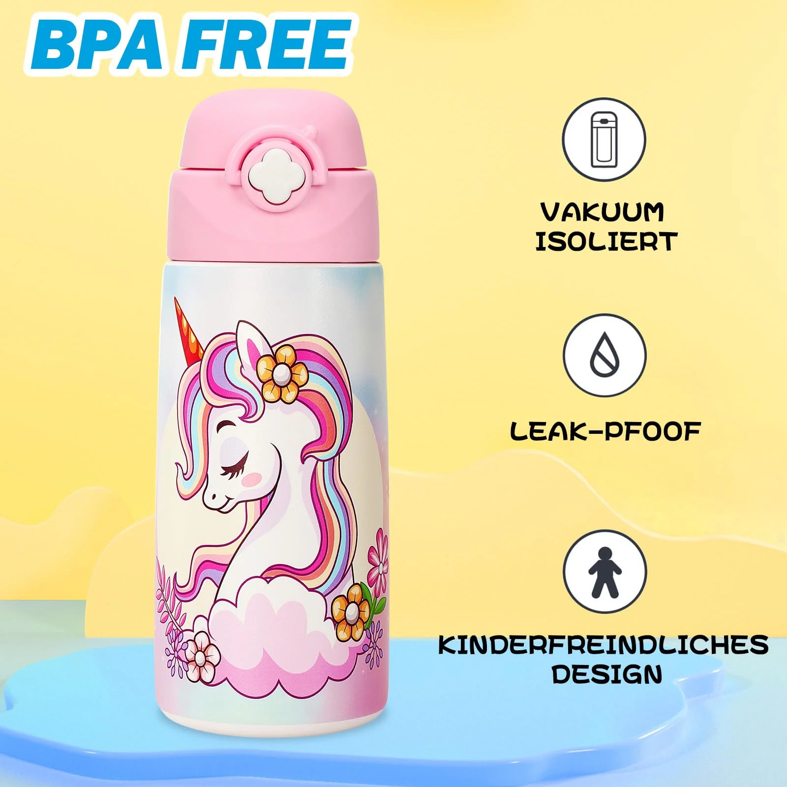 Ntswasd Trinkflasche Kinder Edelstahl Strohhalm-Thermosflasche 500ml -BPA frei-Auslaufsicher-Thermo Wasserflasche für Schule, Kindergarten(Einhorn) - Image 5