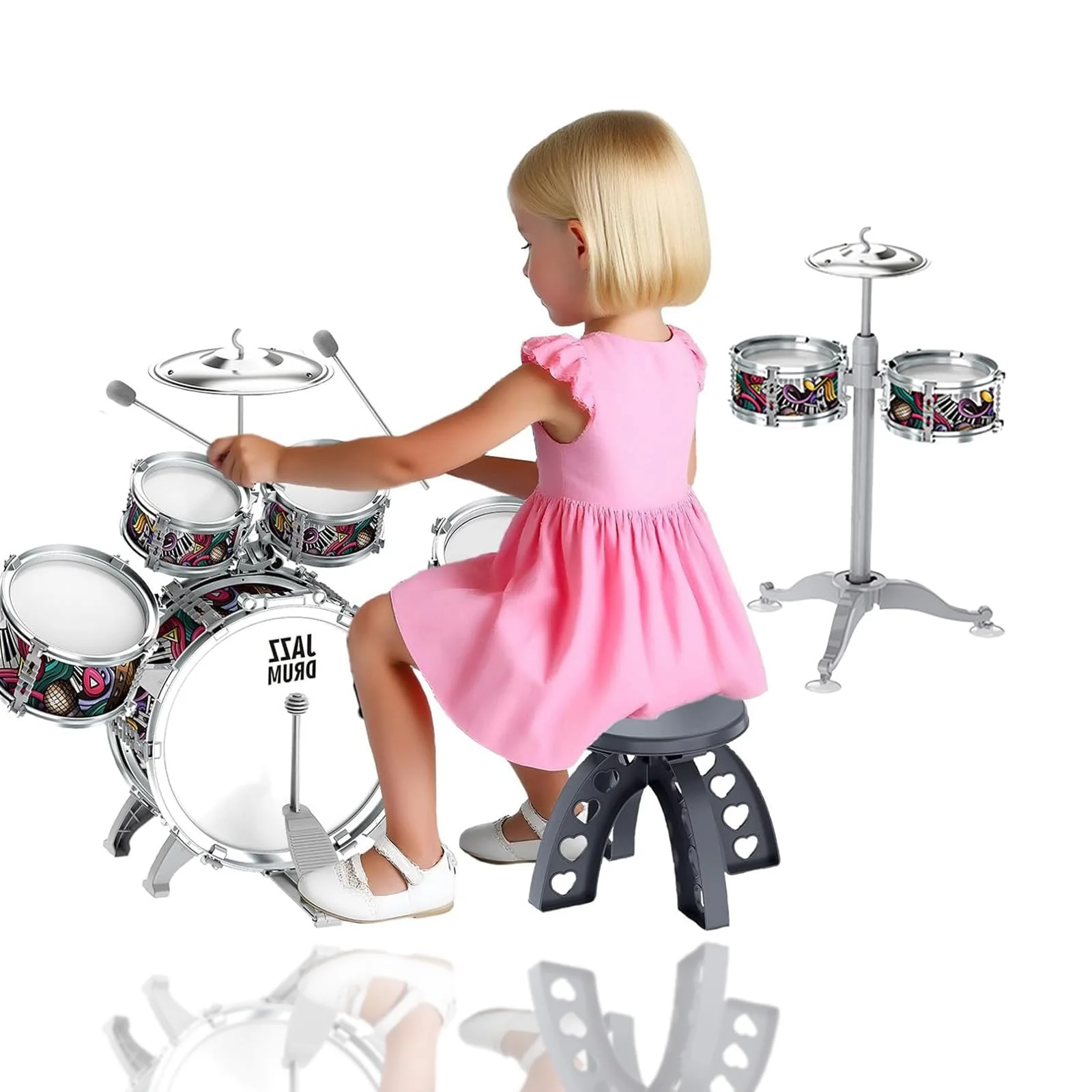 NUC Schlagzeug Kinder 7-teilig mit 2 Becken & Hocker - Trommel Set für Kinder ab 2, 3, 4, 5 Jahren - Musikinstrument, Leicht Aufzubauen & Platzsparend Geburtstag/Weihnachten