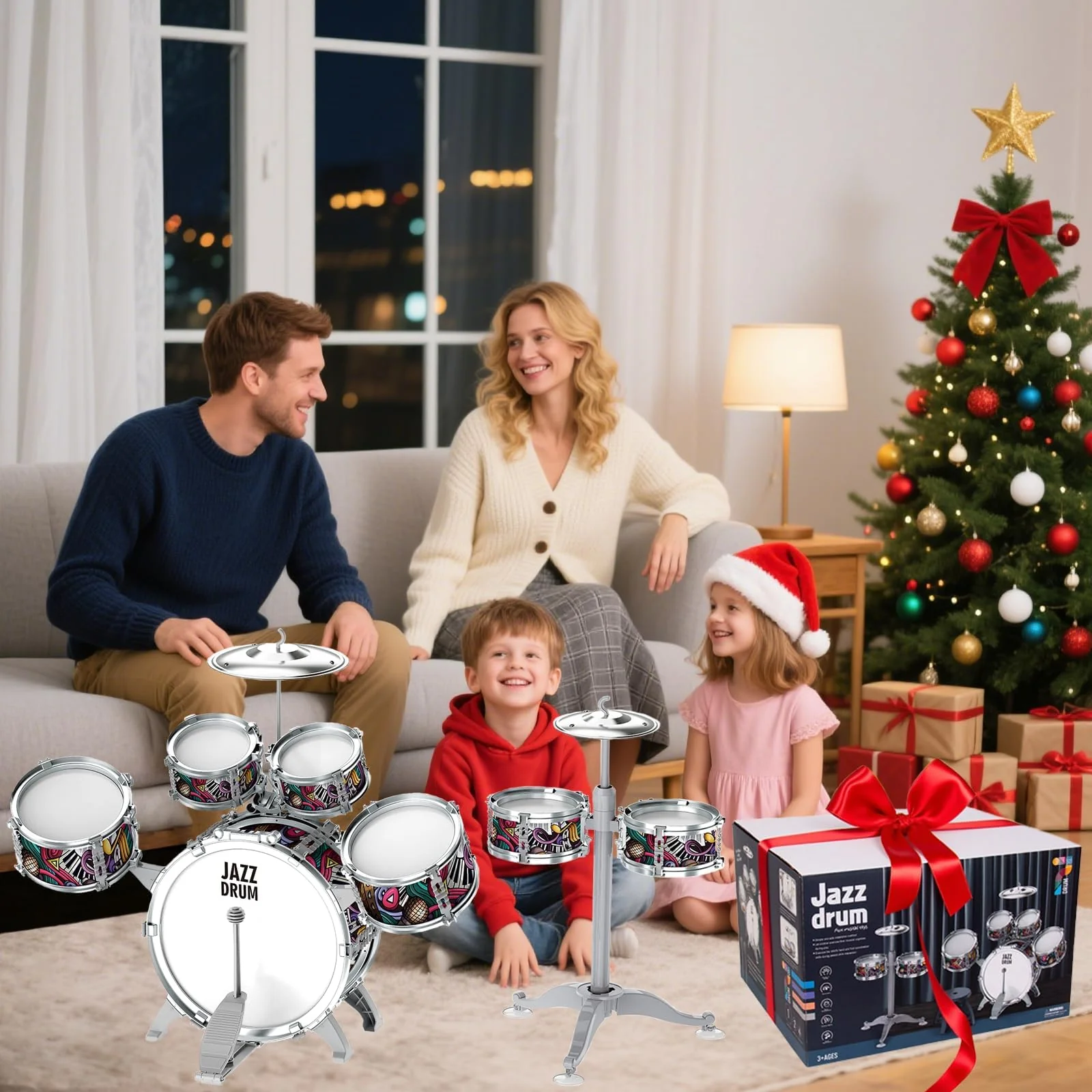 NUC Schlagzeug Kinder 7-teilig mit 2 Becken & Hocker - Trommel Set für Kinder ab 2, 3, 4, 5 Jahren - Musikinstrument, Leicht Aufzubauen & Platzsparend Geburtstag/Weihnachten - Image 2