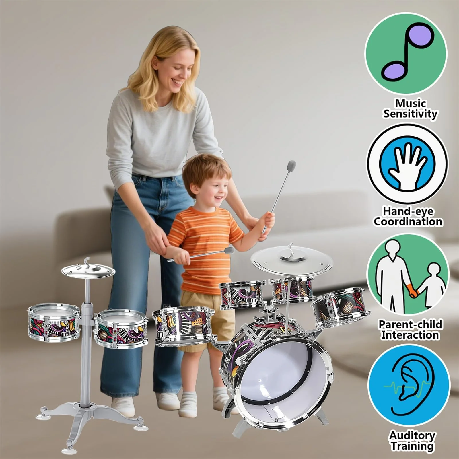 NUC Schlagzeug Kinder 7-teilig mit 2 Becken & Hocker - Trommel Set für Kinder ab 2, 3, 4, 5 Jahren - Musikinstrument, Leicht Aufzubauen & Platzsparend Geburtstag/Weihnachten - Image 6