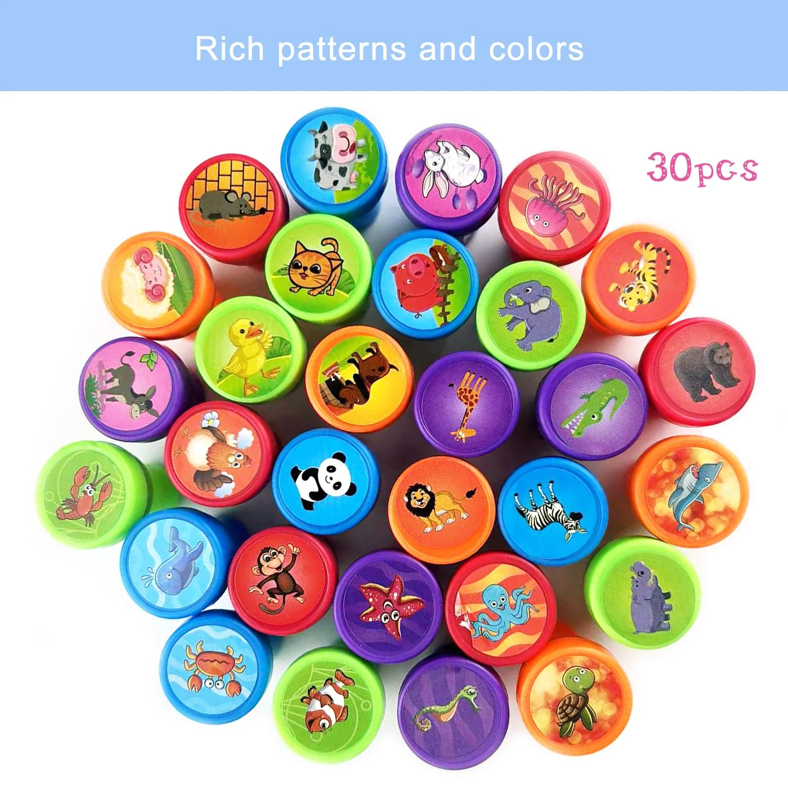 Nutabevr 30 Stück Selbstfärbende Stempel Set, Mehrfarbige Tiere Stempelset, Niedliche Spielzeugstempel aus Plastik, für Klassenzimmer Belohnungen, Party Taschenfüller, Kindergeburtstag Partygeschenk - Image 5
