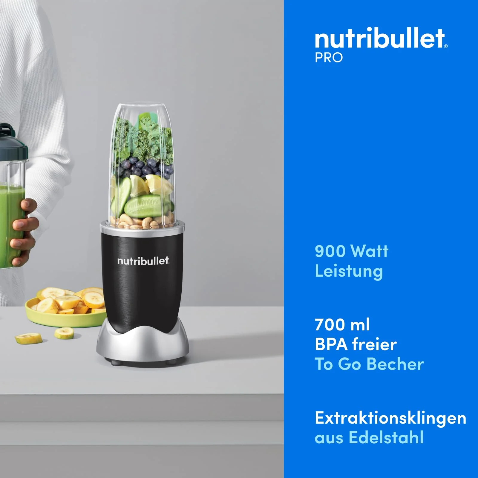 nutribullet Pro, 900 Watt Leistung, Einfach und schnell in der Anwendung, Kompakt, Leicht zu reinigen, Mit 700 ml Becher, Smoothiemixer, Smoothie Maker, Elektrischer Mixer, NB904B, Schwarz - Image 3