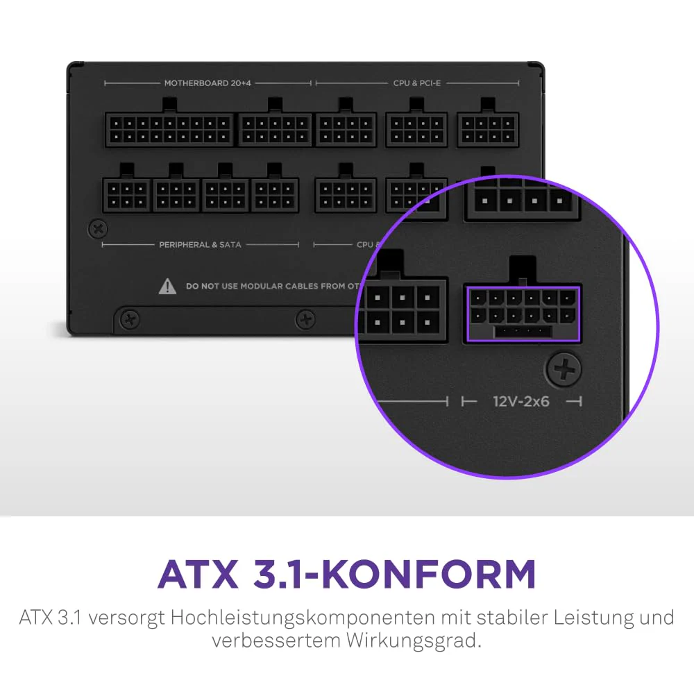 NZXT C1200 Gold ATX 3.1 - Vollständig modulares, geräuscharmes PC-Gaming-Netzteil - 1200 Watt - 80 PLUS Gold - 12V-2x6-Anschluss - Zero Fan-Modus - 100 % japanische Kondensatoren - Schwarz - Image 3