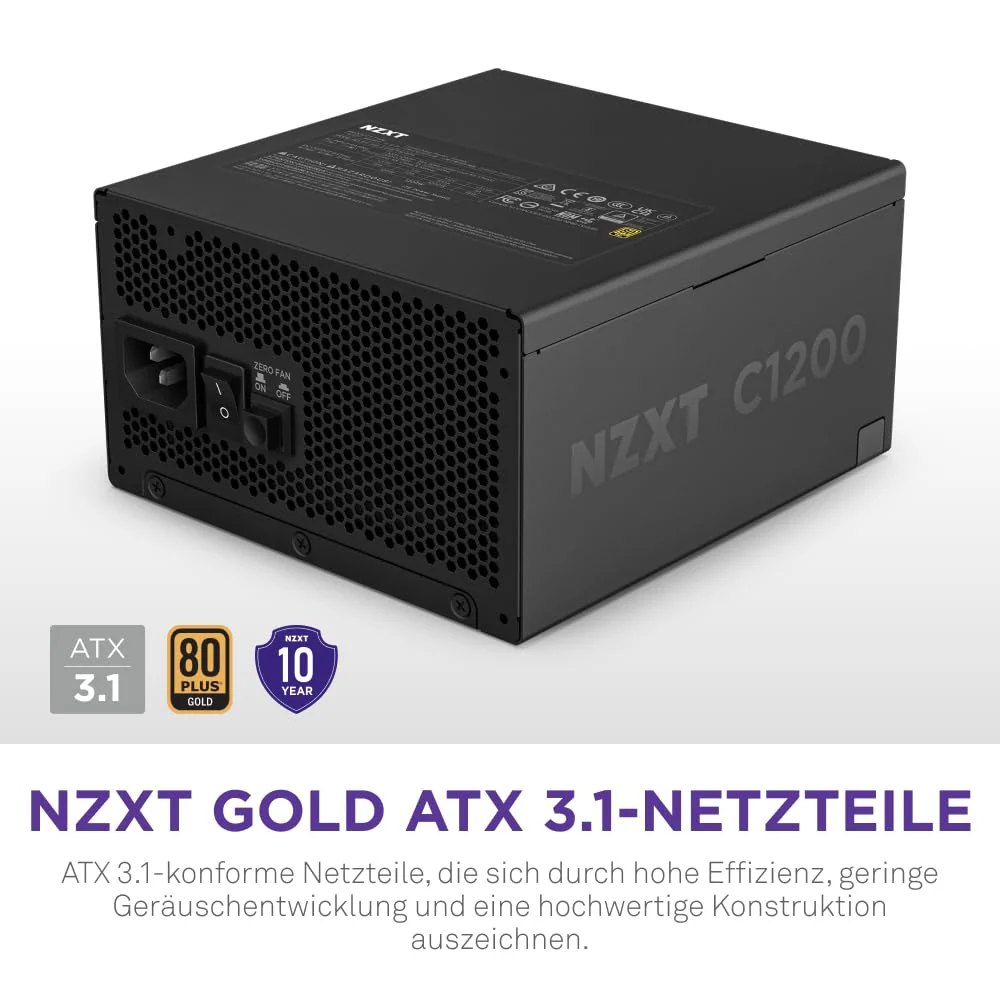 NZXT C1200 Gold ATX 3.1 - Vollständig modulares, geräuscharmes PC-Gaming-Netzteil - 1200 Watt - 80 PLUS Gold - 12V-2x6-Anschluss - Zero Fan-Modus - 100 % japanische Kondensatoren - Schwarz - Image 4