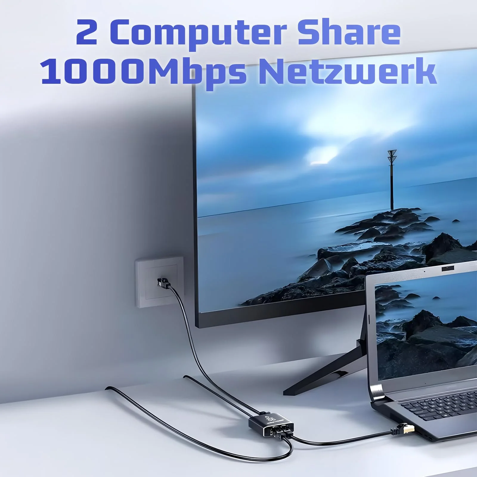 Oblinple LAN Splitter 1 auf 2, 1000Mbps RJ45 Netzwerk Switch, Gigabit Ethernet Verteiler 2 Port Mit Type C Netzkabel, Internet Adapter für Computer, Hub, Router, ADSL, Set-Top Box, Digital TV, et - Image 2