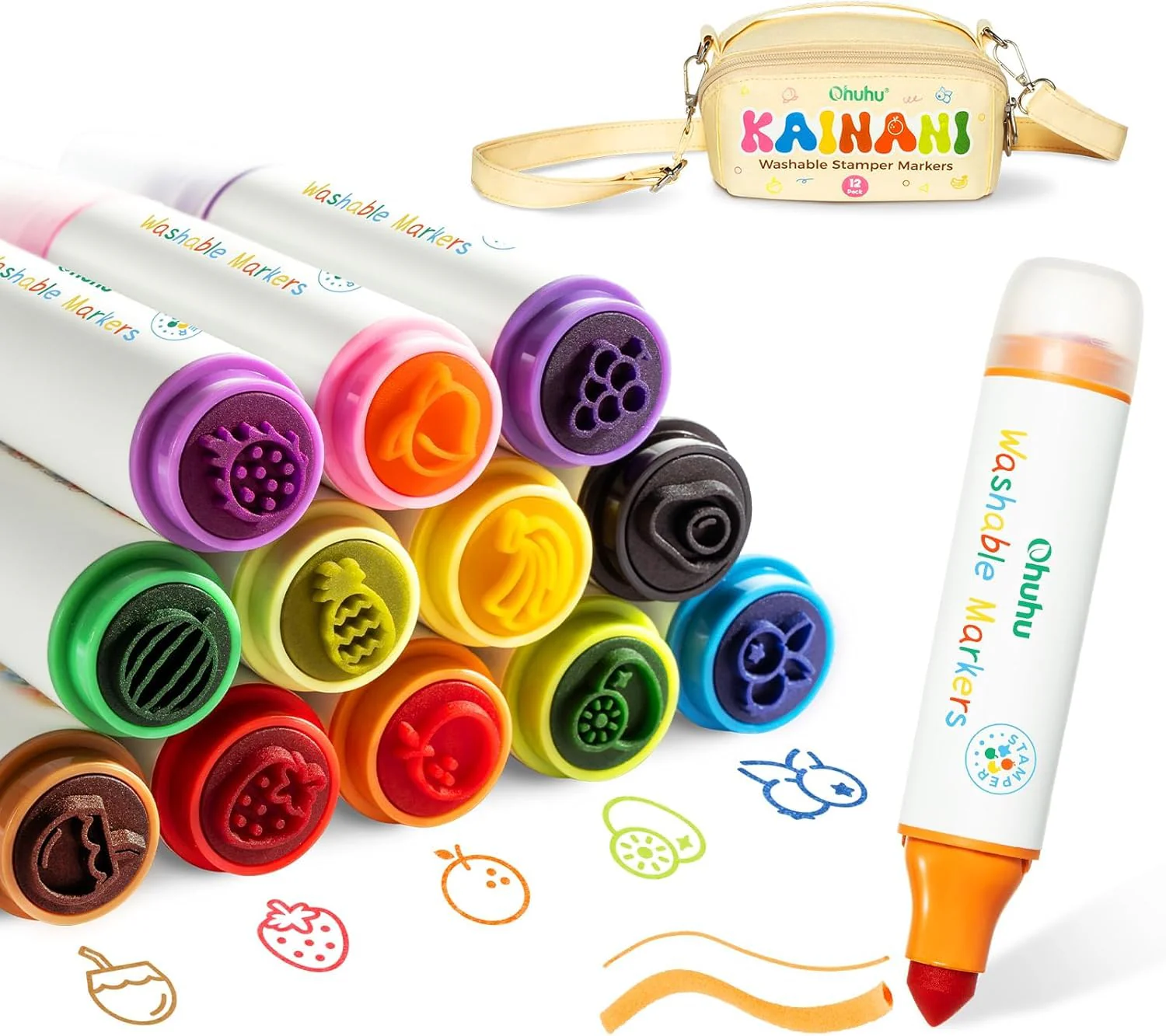 Ohuhu Filzstifte Kinder Auswaschbar mit Stempelstifte - 12 Farben Marker | Wasserbasierte ungiftige Fasermaler Kinder Extra dicker Griff | Mit kindgerechter Spaß-Tasche | Malstifte Ab 3 Jahre
