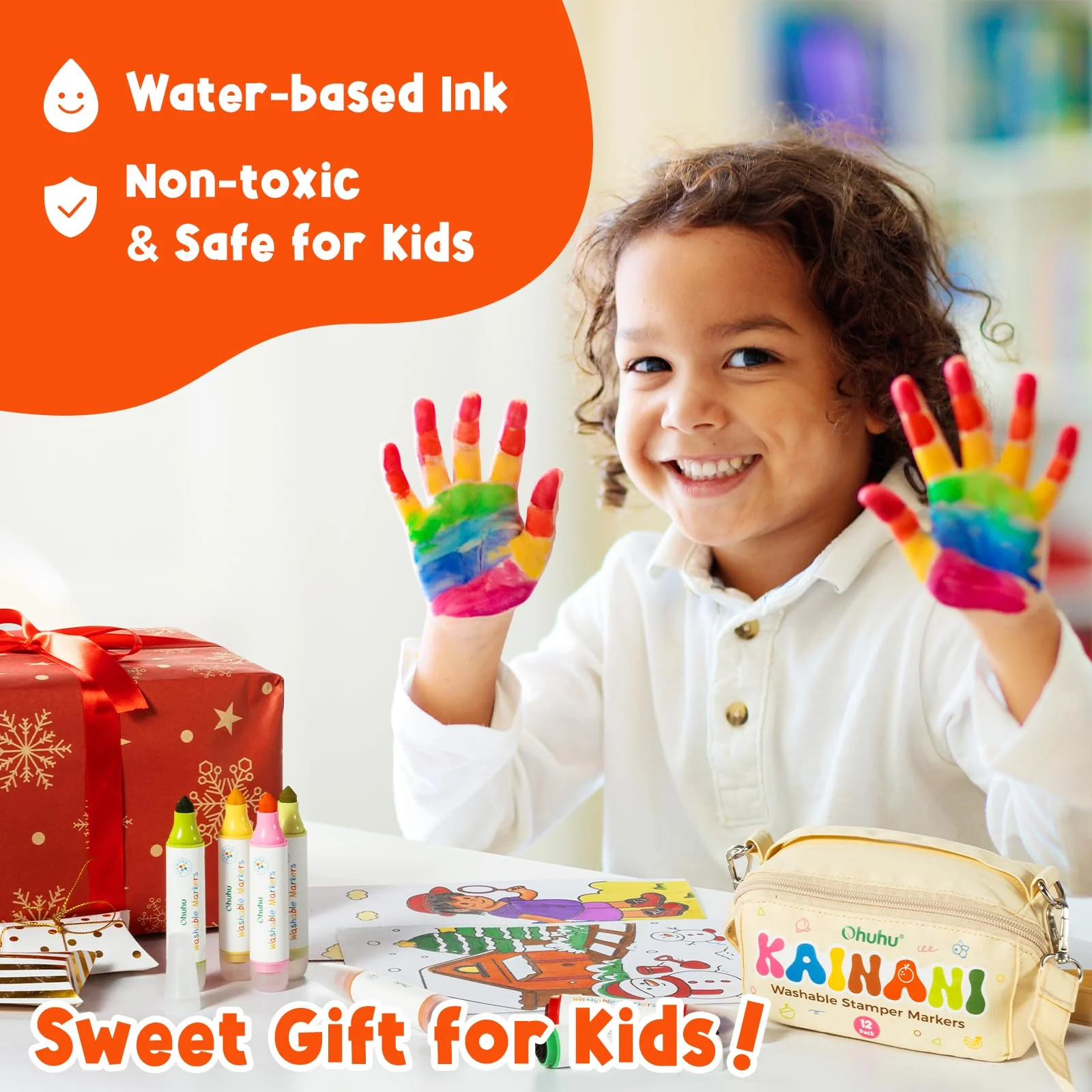 Ohuhu Filzstifte Kinder Auswaschbar mit Stempelstifte - 12 Farben Marker | Wasserbasierte ungiftige Fasermaler Kinder Extra dicker Griff | Mit kindgerechter Spaß-Tasche | Malstifte Ab 3 Jahre - Image 4
