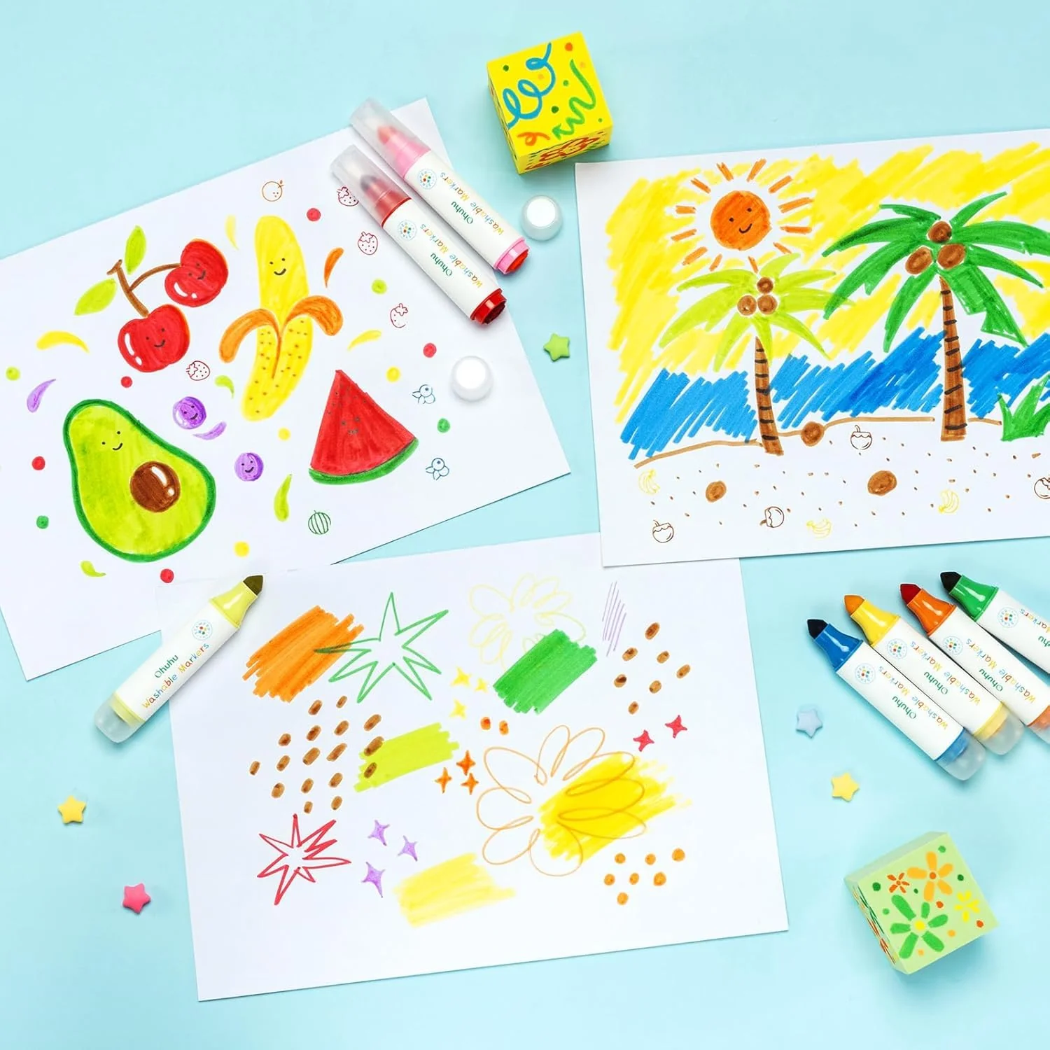 Ohuhu Filzstifte Kinder Auswaschbar mit Stempelstifte - 12 Farben Marker | Wasserbasierte ungiftige Fasermaler Kinder Extra dicker Griff | Mit kindgerechter Spaß-Tasche | Malstifte Ab 3 Jahre - Image 9