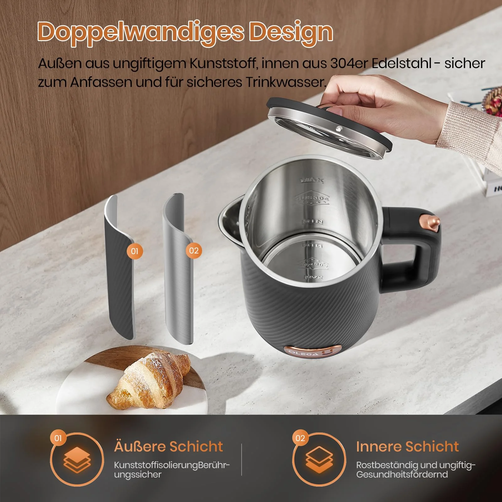 OLEGA Wasserkocher - 1800W Schnellaufheizender Elektrischer Teekessel BPA-freier 304 Edelstahl Elektrischer Wasserkocher mit Automatischer Abschaltung und Trockengehschutz Perfekt für die Familie 1.8L - Image 2