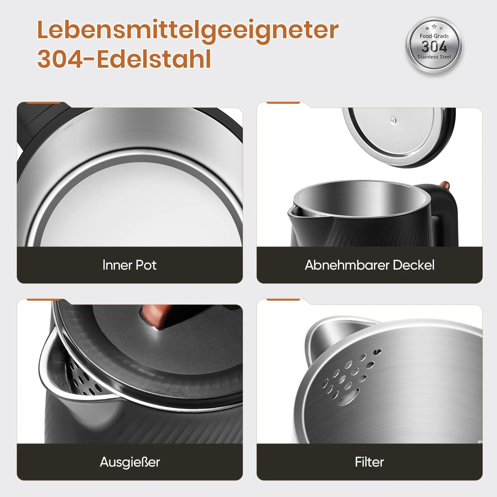 OLEGA Wasserkocher - 1800W Schnellaufheizender Elektrischer Teekessel BPA-freier 304 Edelstahl Elektrischer Wasserkocher mit Automatischer Abschaltung und Trockengehschutz Perfekt für die Familie 1.8L - Image 4