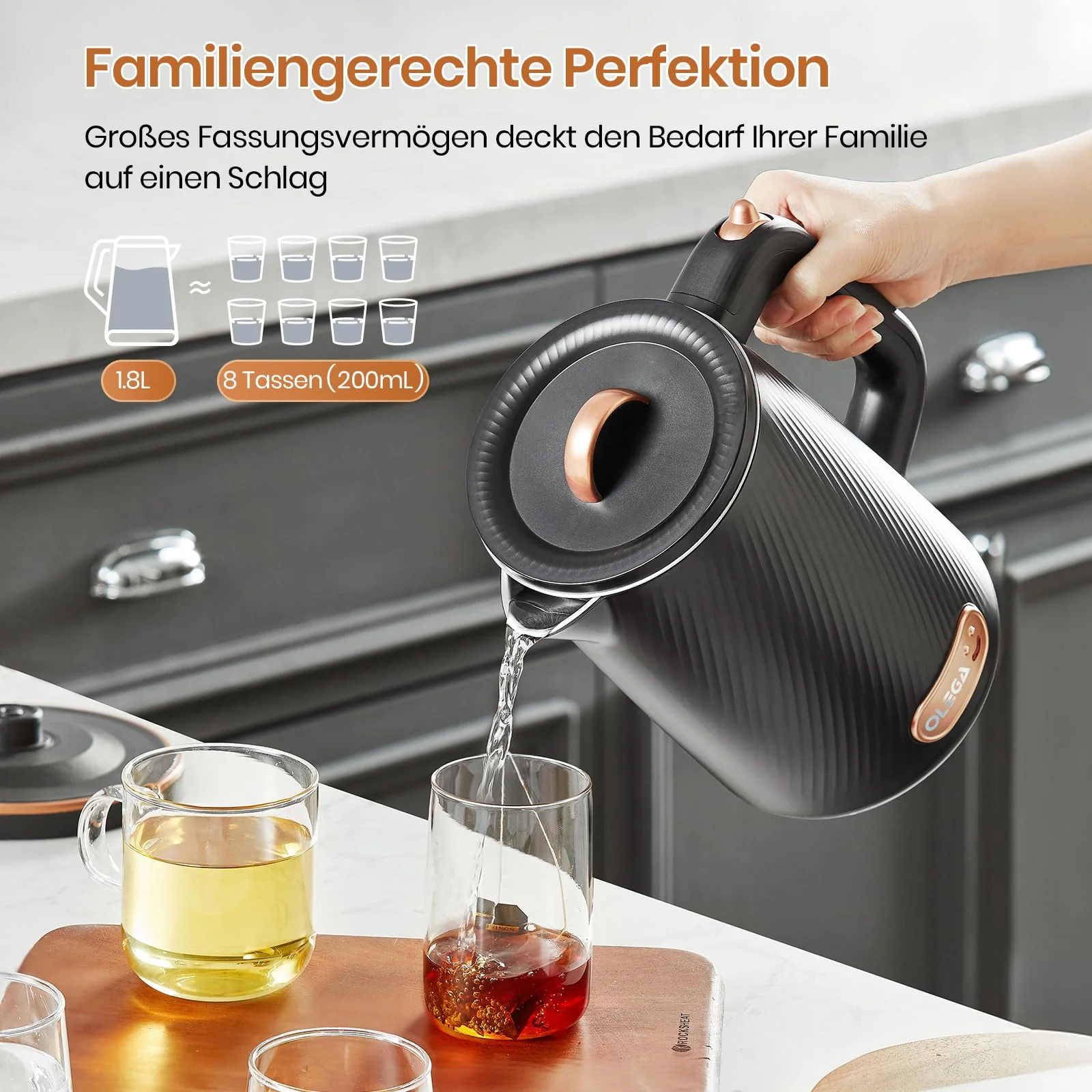 OLEGA Wasserkocher - 1800W Schnellaufheizender Elektrischer Teekessel BPA-freier 304 Edelstahl Elektrischer Wasserkocher mit Automatischer Abschaltung und Trockengehschutz Perfekt für die Familie 1.8L - Image 5