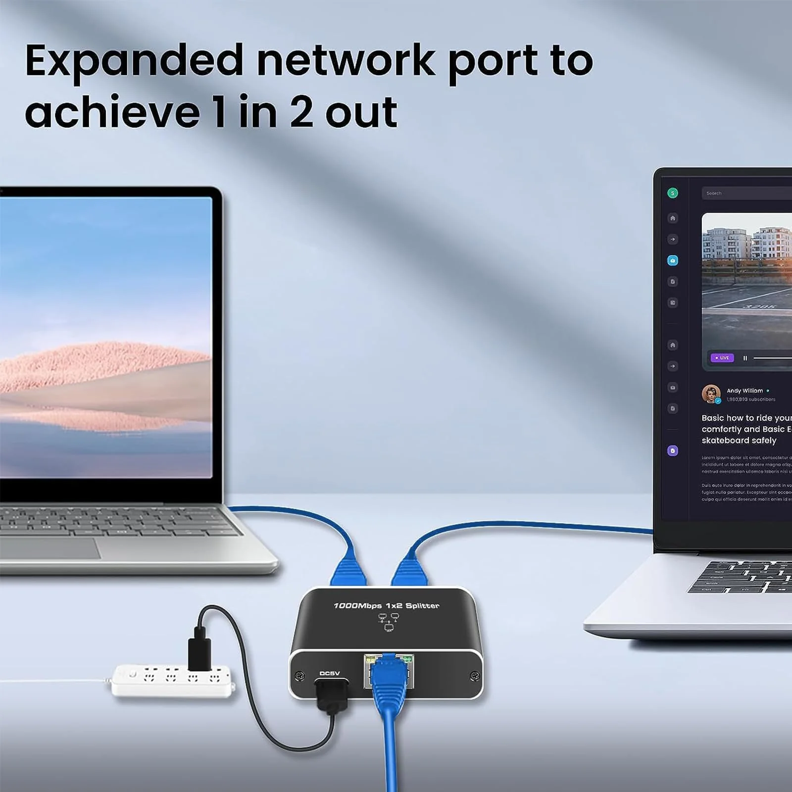 Oliveria LAN Splitter 1 auf 2 1000Mbps Ethernet Splitter LAN Switch 2 Port Mit Type-C-Netzkabel Gigabit Switch für Computer, Hub, Switch, Router, Set-Top Box, Digital TV, et - Image 4