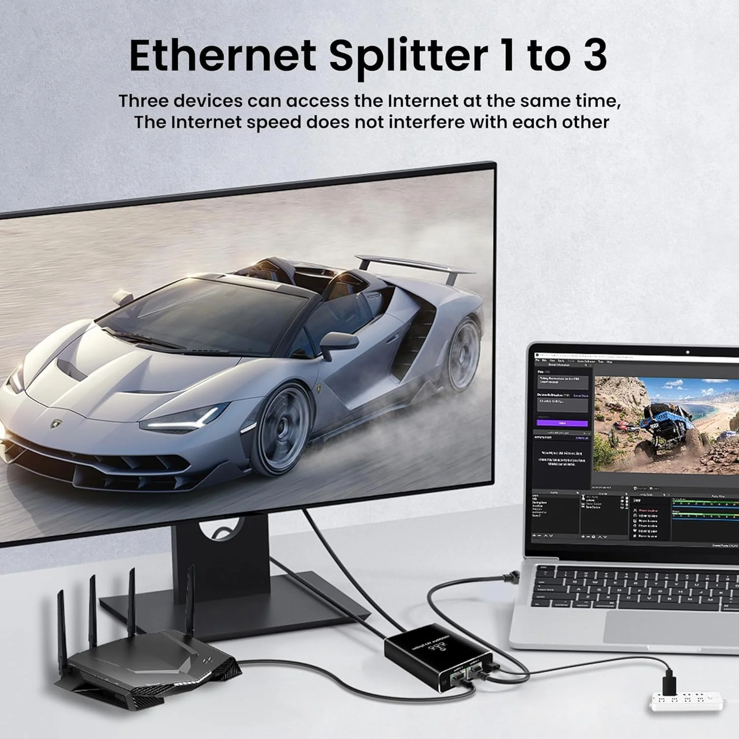 Oliveria LAN Splitter 1 auf 3 1000Mbps Ethernet Splitter LAN Switch 3 Port Mit Type-C-Netzkabel Gigabit Switch für Computer, Hub, Switch, Router, Set-Top Box, Digital TV, et
