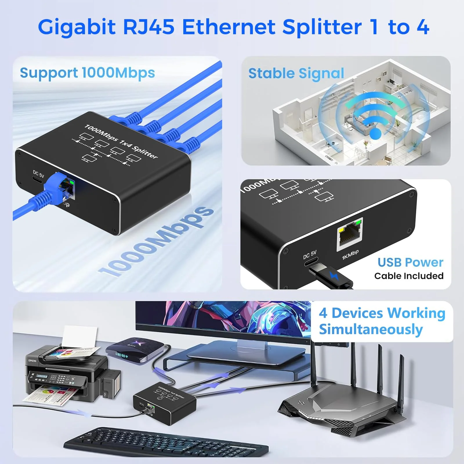 Oliveria LAN Splitter 1 auf 4 1000Mbps Ethernet Splitter LAN Switch 4 Port Mit Type-C-Netzkabel Gigabit Switch für Computer, Hub, Switch, Router, Set-Top Box, Digital TV, et