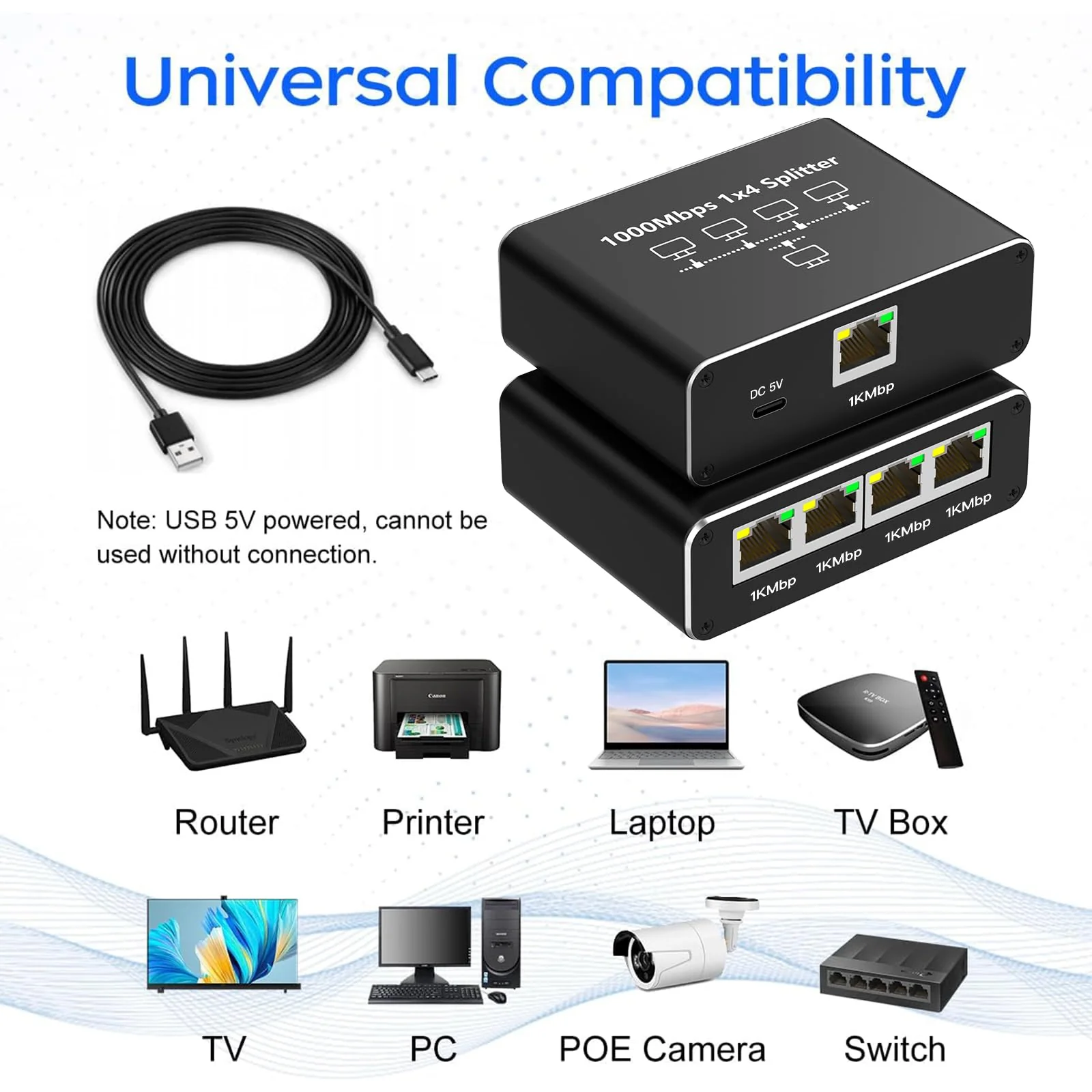 Oliveria LAN Splitter 1 auf 4 1000Mbps Ethernet Splitter LAN Switch 4 Port Mit Type-C-Netzkabel Gigabit Switch für Computer, Hub, Switch, Router, Set-Top Box, Digital TV, et - Image 2