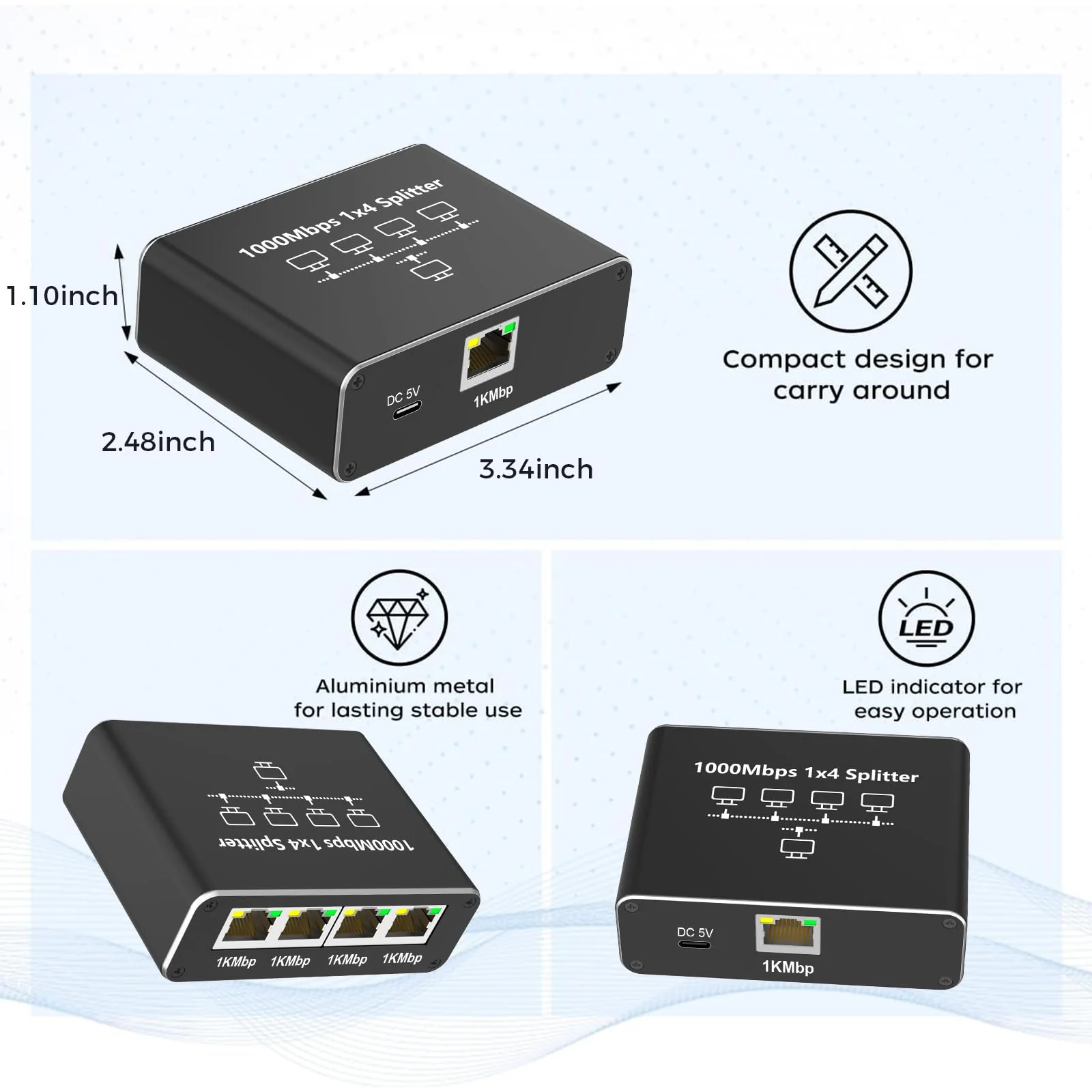 Oliveria LAN Splitter 1 auf 4 1000Mbps Ethernet Splitter LAN Switch 4 Port Mit Type-C-Netzkabel Gigabit Switch für Computer, Hub, Switch, Router, Set-Top Box, Digital TV, et - Image 3