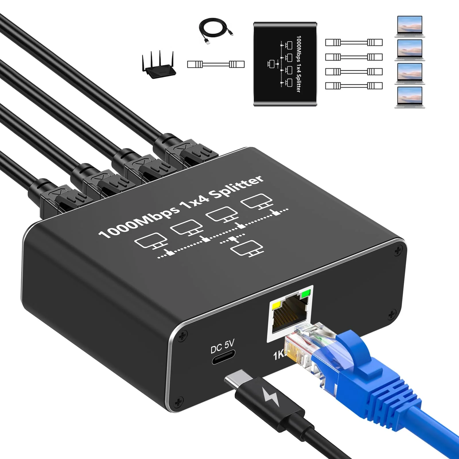 Oliveria LAN Splitter 1 auf 4 1000Mbps Ethernet Splitter LAN Switch 4 Port Mit Type-C-Netzkabel Gigabit Switch für Computer, Hub, Switch, Router, Set-Top Box, Digital TV, et - Image 4