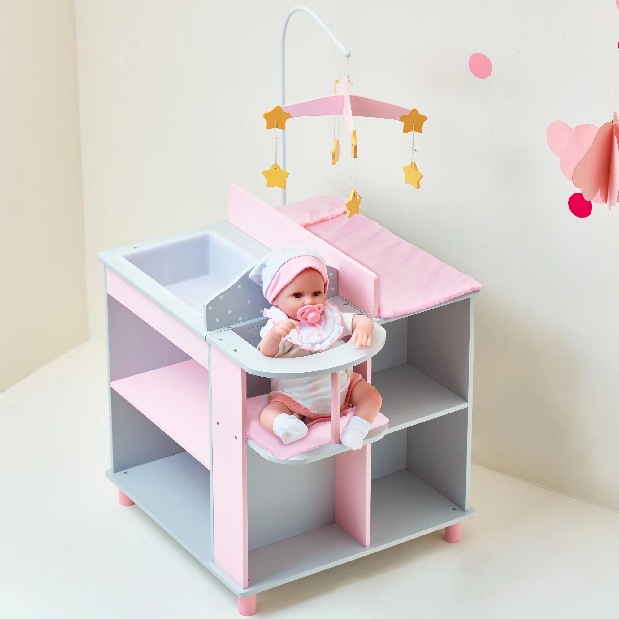 Olivia's Little World Puppen-Wickelkommode, Wickeltisch, Wickelstation Spielcenter Für Puppen Rosa Mit Puppen-Hochstuhl Und Mobile Puppenzubehör Für Kinder TD-0203AG - Image 2
