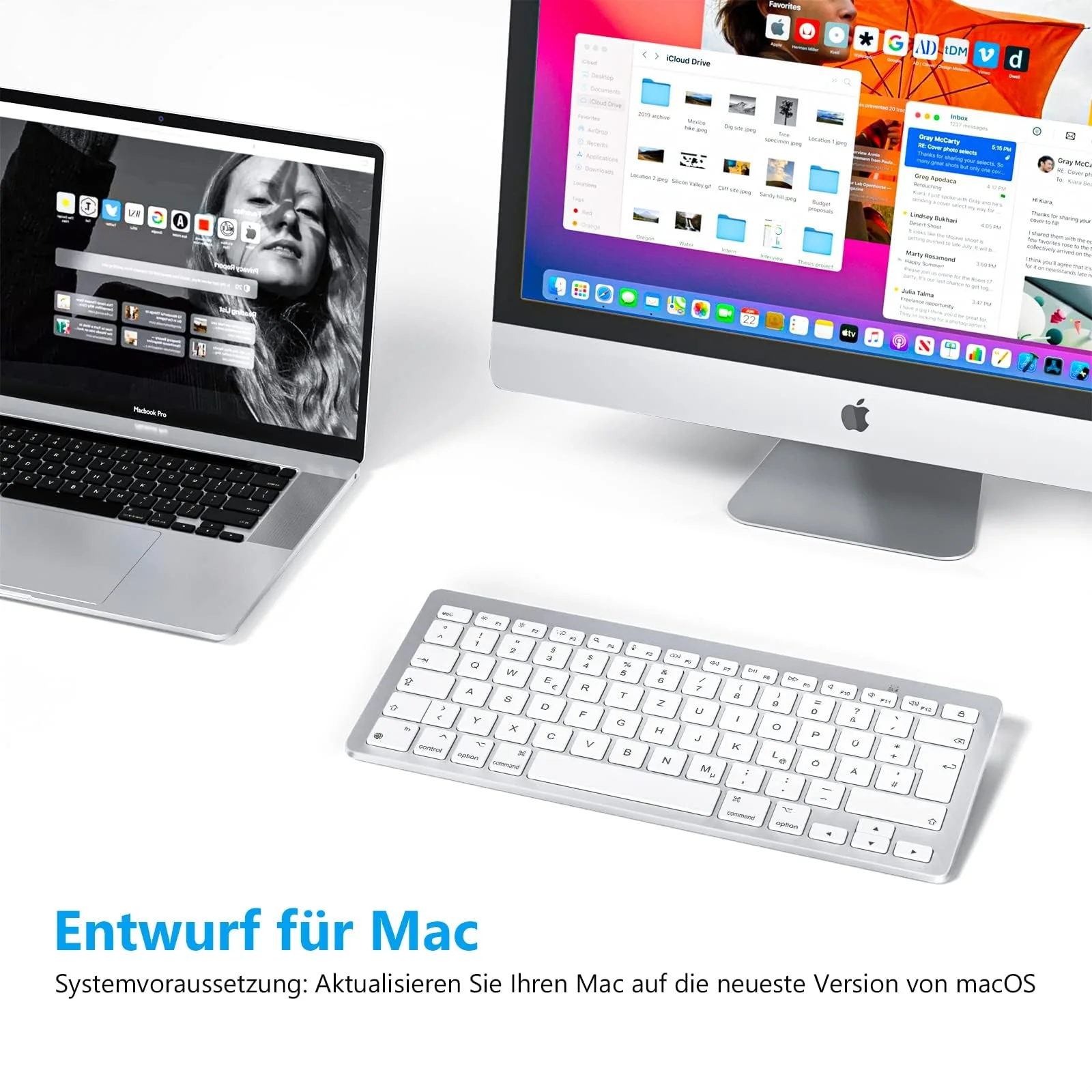 OMOTON Bluetooth Tastatur für Mac, Kompakte kabellose Tastatur kompatibel mit MacBook Pro/Air, iMac, iMac Pro, Mac Mini, Mac Pro, QWERTZ DE-Layout, Silber - Image 3