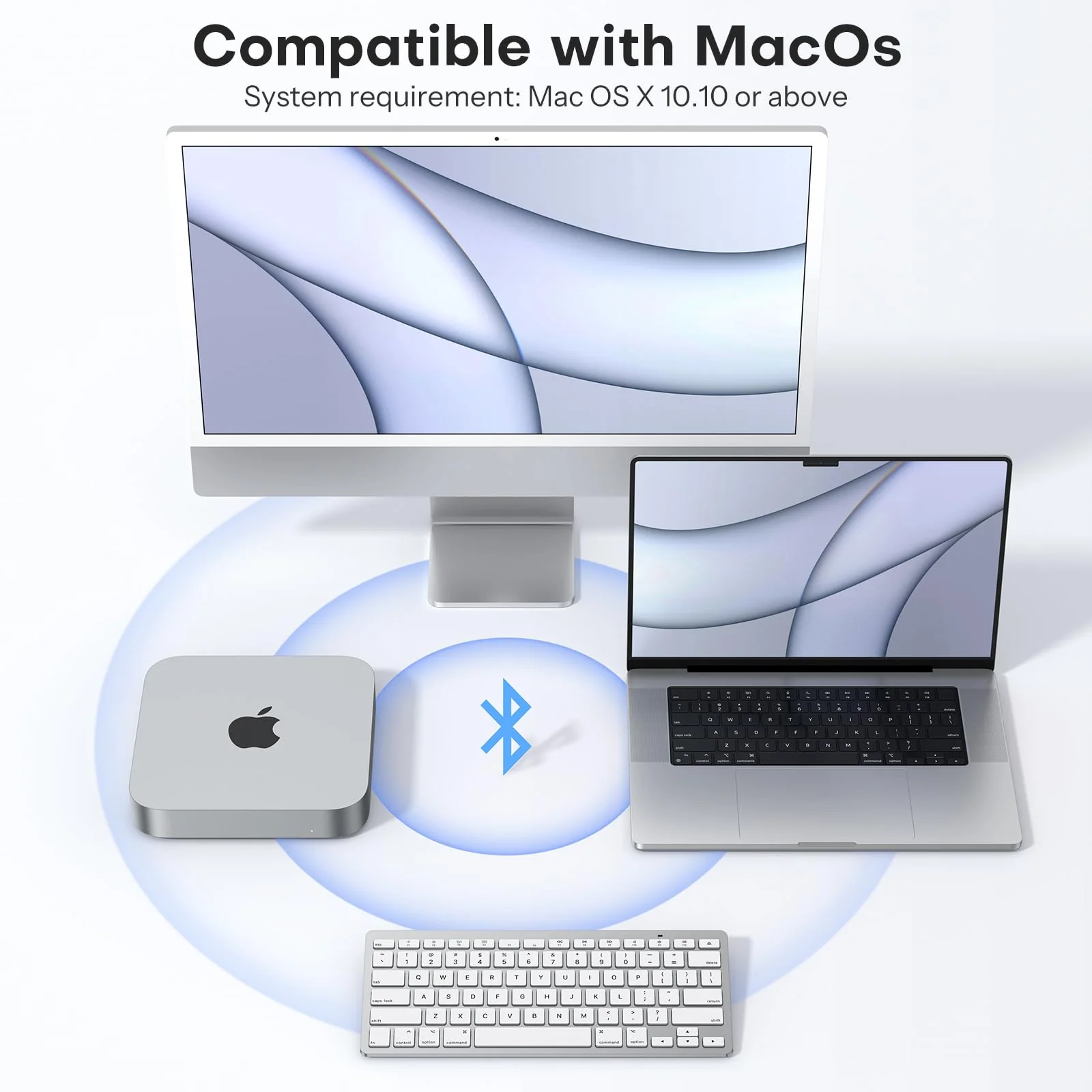 OMOTON Bluetooth Tastatur für Mac, Kompakte kabellose Tastatur kompatibel mit MacBook Pro/Air, iMac, iMac Pro, Mac Mini, Mac Pro, QWERTZ DE-Layout, Silber - Image 4