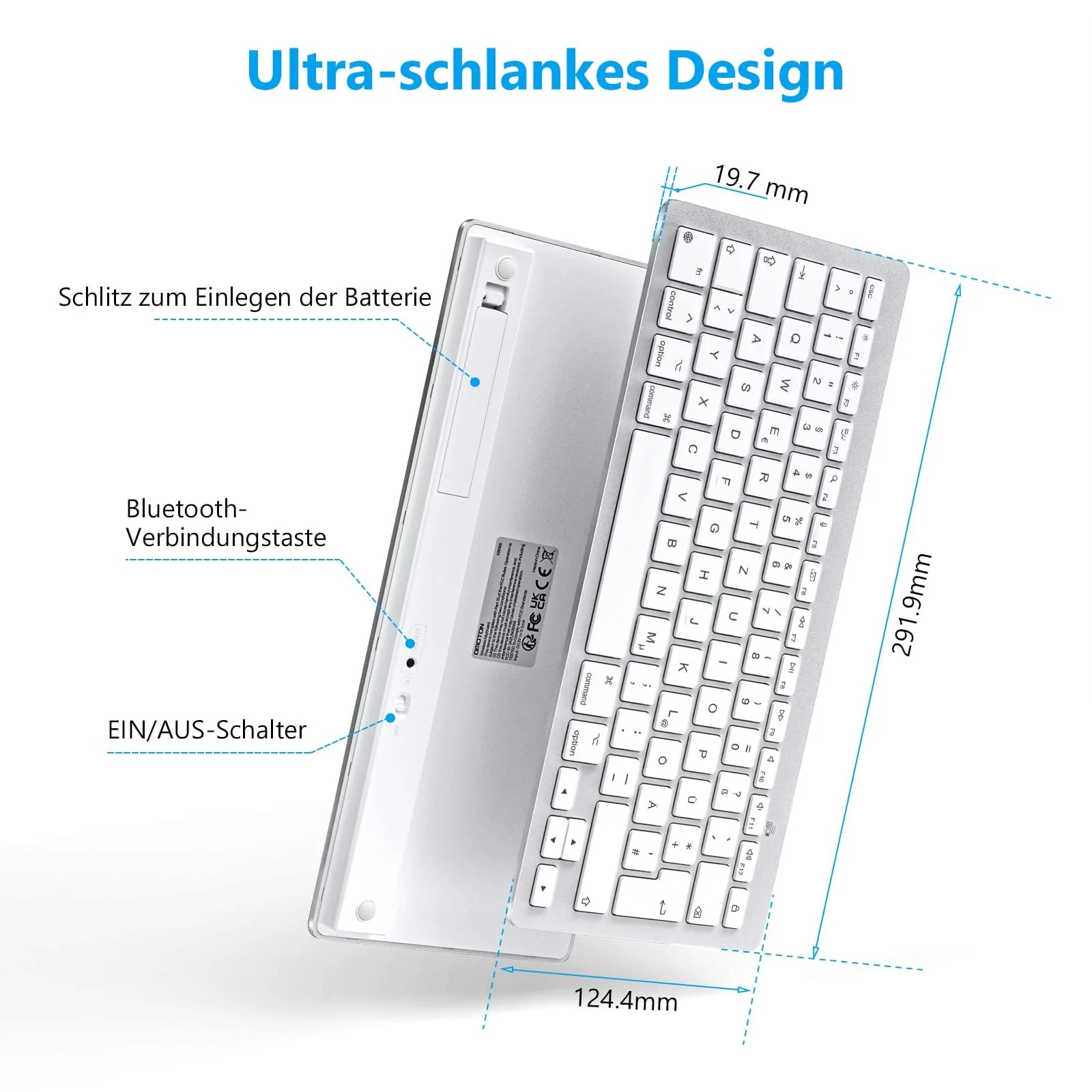 OMOTON Bluetooth Tastatur, kabellose Tastatur für Mac OS kompatibel mit MacBook Pro/Air, iMac Pro, DE-Layout, Silber - Image 4