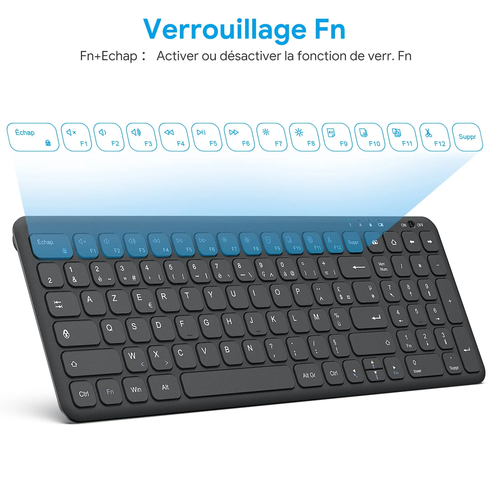 OMOTON Kabellose Tastatur, 2,4 GHz, AZERTY-Tastatur, leise, für Windows 10/8/7, PC, Computer, kabellose USB-Tastatur mit Ziffernblock, ultradünn, Schwarz - Image 2