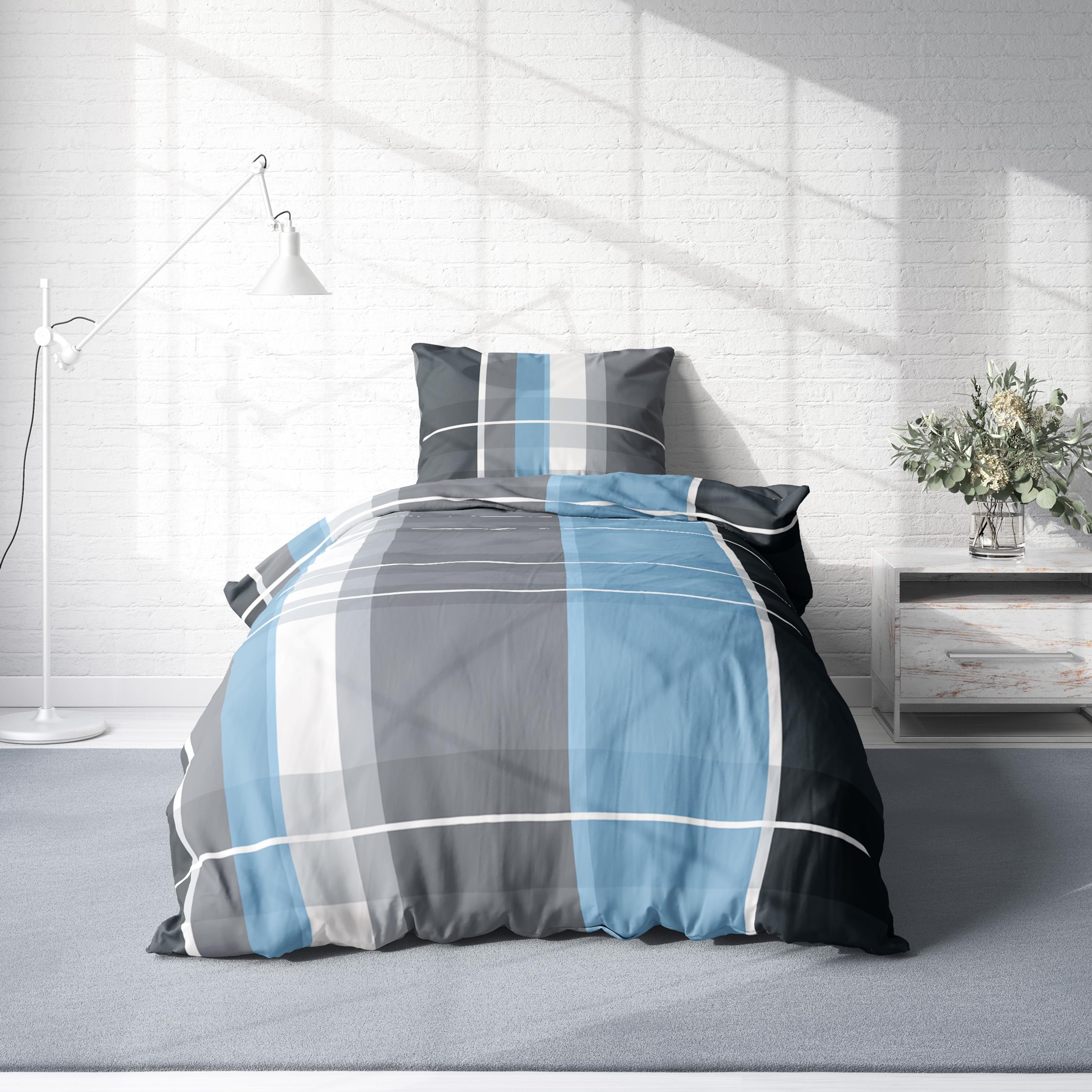 one-home Bettwäsche Microfaser Modern Bettbezüge B-Ware mit Reißverschluss, Größe:135x200 cm, Farbe:Kariert blau/grau