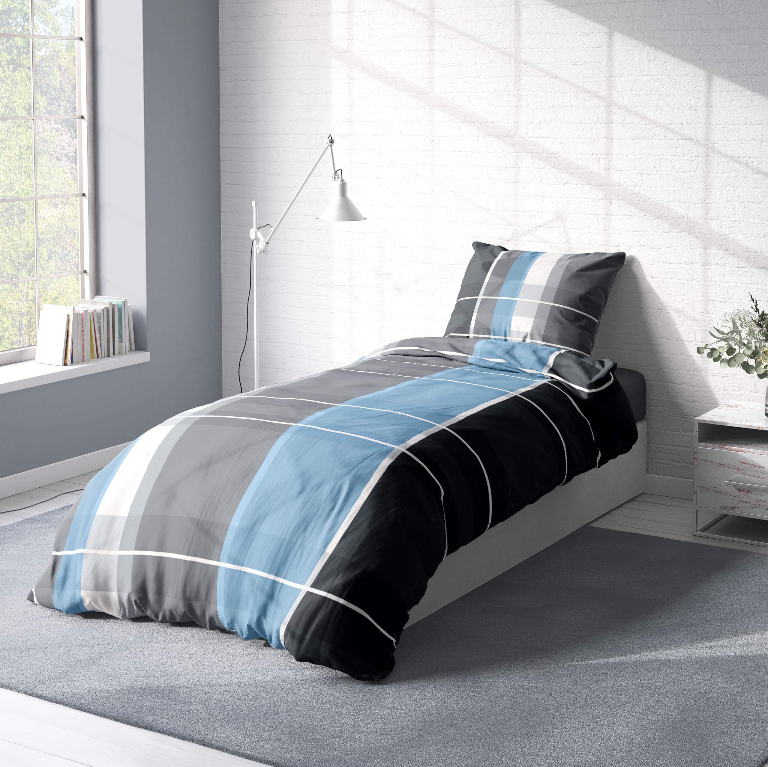one-home Bettwäsche Microfaser Modern Bettbezüge B-Ware mit Reißverschluss, Größe:135x200 cm, Farbe:Kariert blau/grau - Image 4