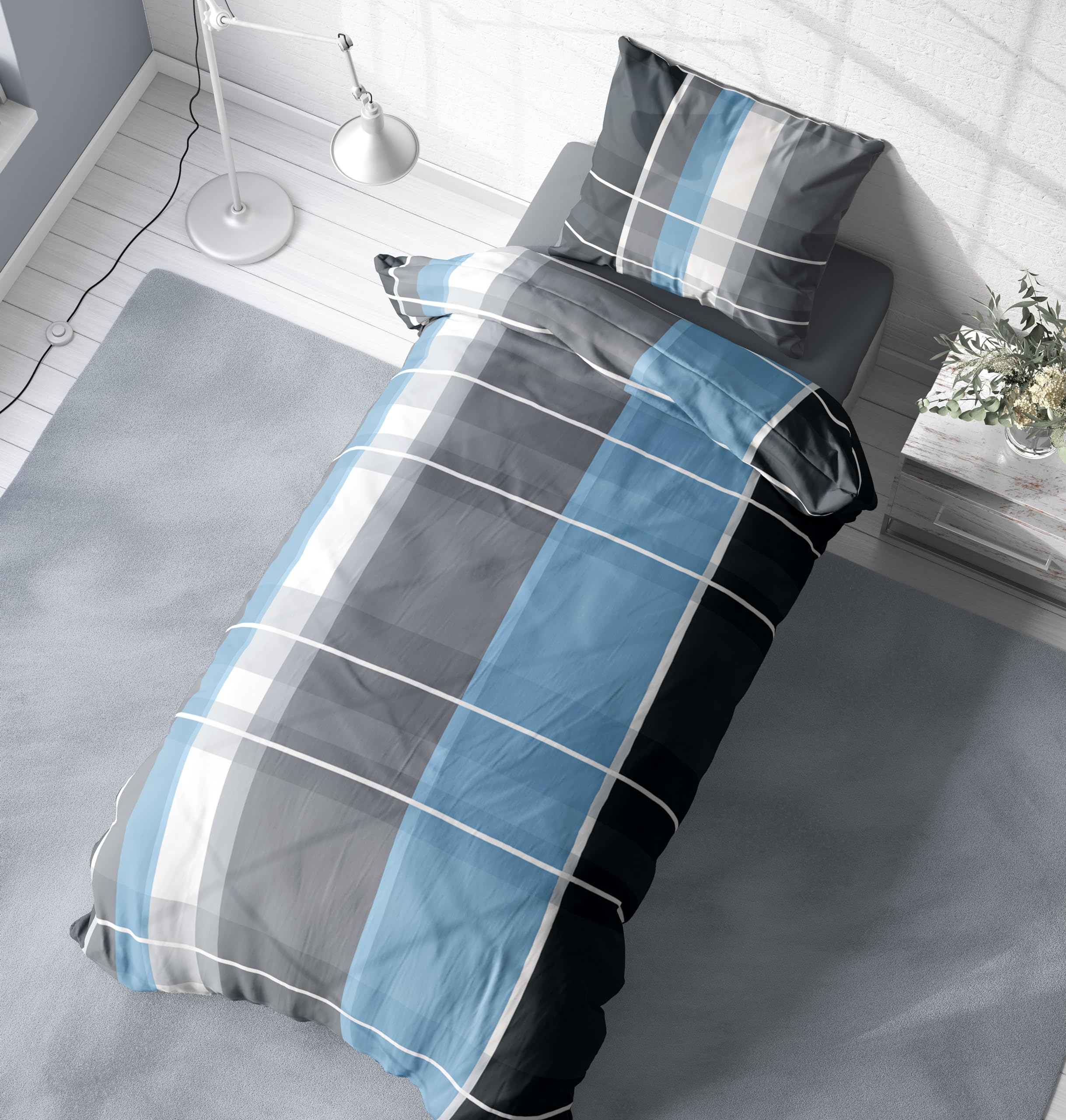 one-home Bettwäsche Microfaser Modern Bettbezüge B-Ware mit Reißverschluss, Größe:135x200 cm, Farbe:Kariert blau/grau - Image 6