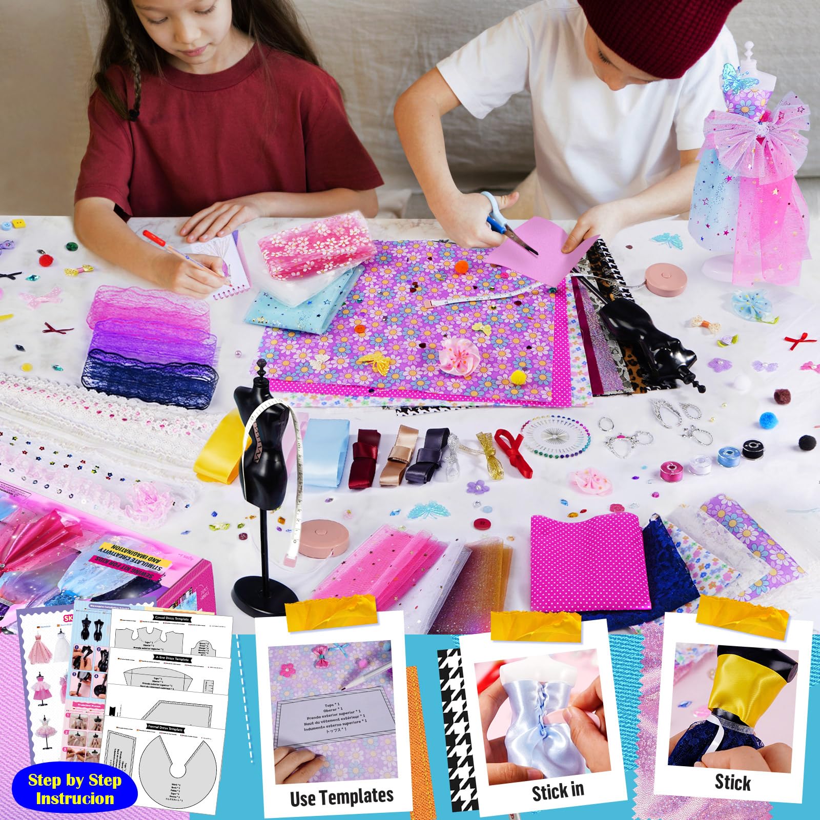ONE TO FOUR 800+ Stücke Modedesign Mädchen, Fashion Design Basteln Kinder Nähset mit 6 Mannequins, Geburtstag Kreativ Bastelset für Kinder ab 6 Jahre - Image 2