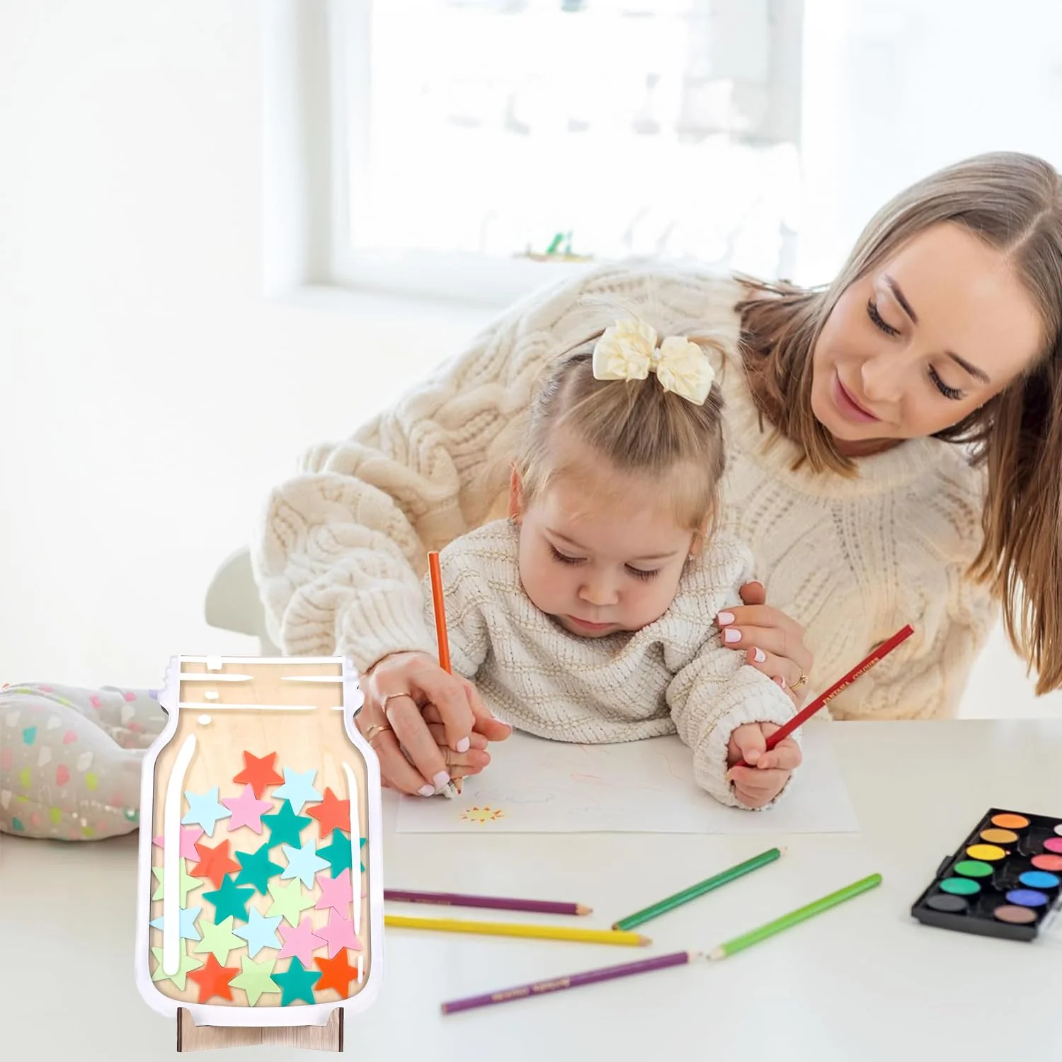 ONECK Belohnungsglas für Kinder mit 30 Sternen, Belohnungssystem Klassenzimmer Große Belohnungsgläser für Gutes Benehmen Reward Jar Sterne Anreizglas aus Holz für Gebrauch zu Hauseund in der Schule - Image 3