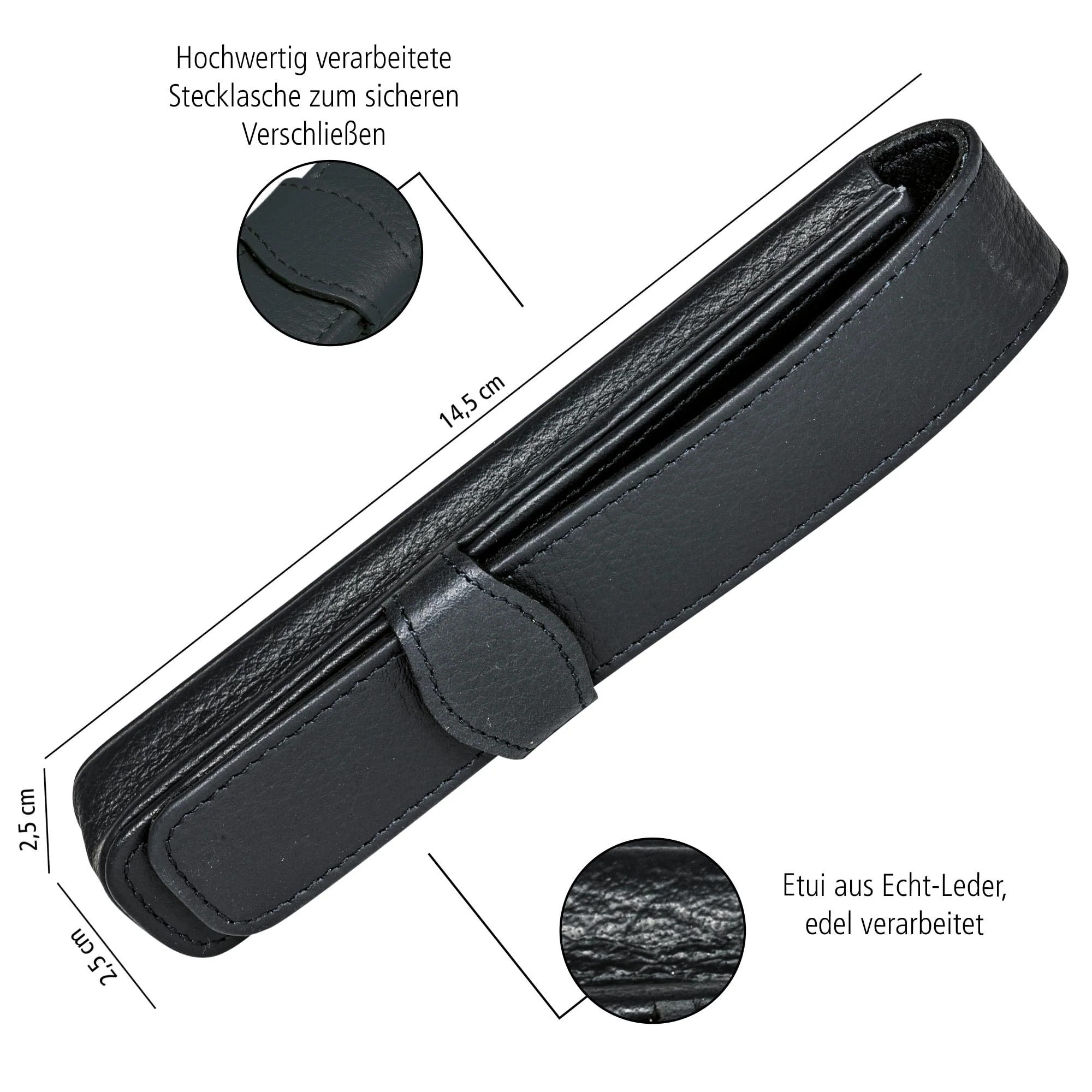 Online Lederetui Schwarz für einen Stift, Kugelschreiber-Etui, für Schreibgeräte Aller Marken, Echtleder, Geschenkidee Füller Leder-Etui, Maße: (LxBxH) 14,5 x 2,5 x 2,5 cm - Image 5